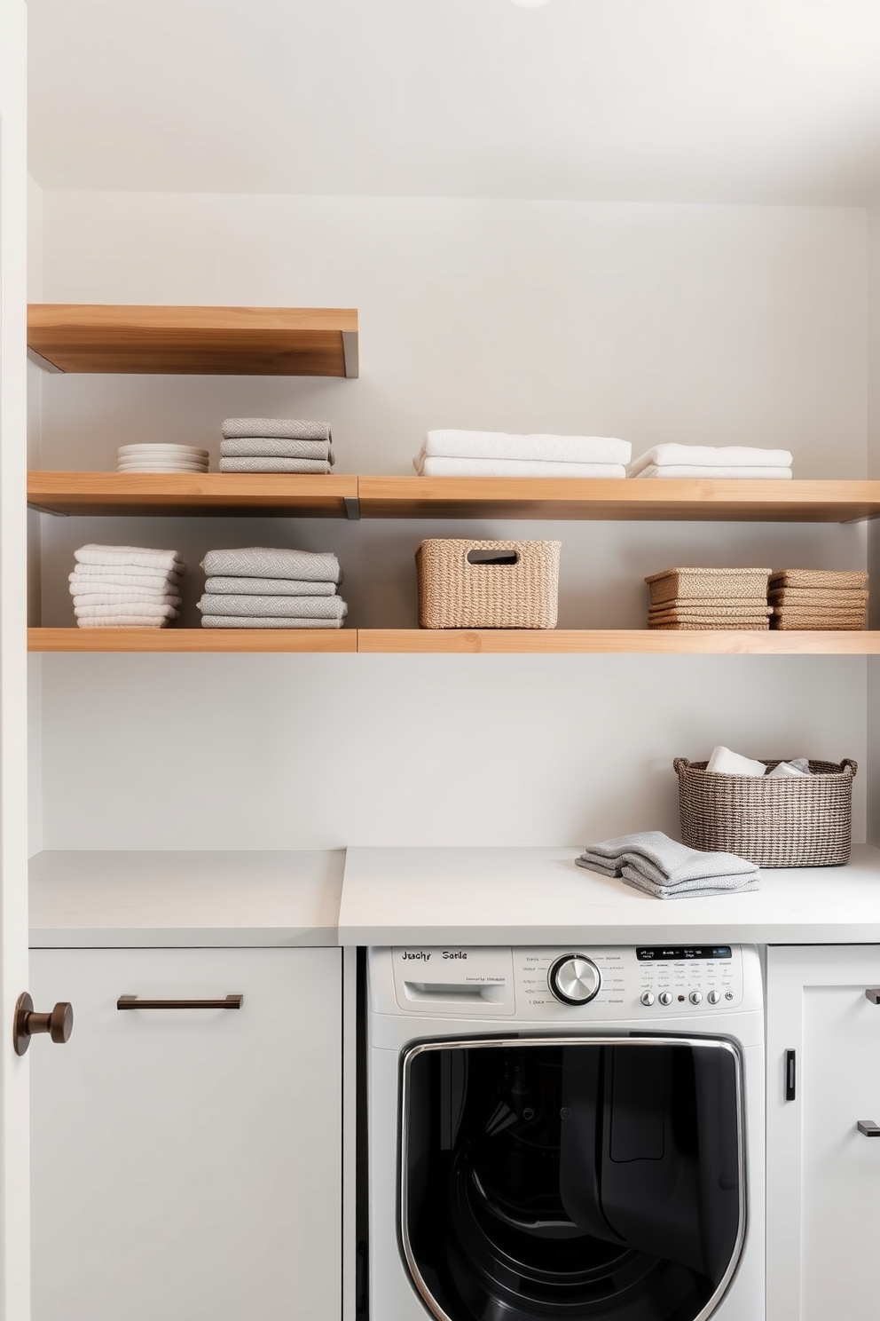 A functional laundry room featuring floating shelves for easy storage solutions. The space includes a top loading washer, complemented by a sleek countertop for folding clothes.