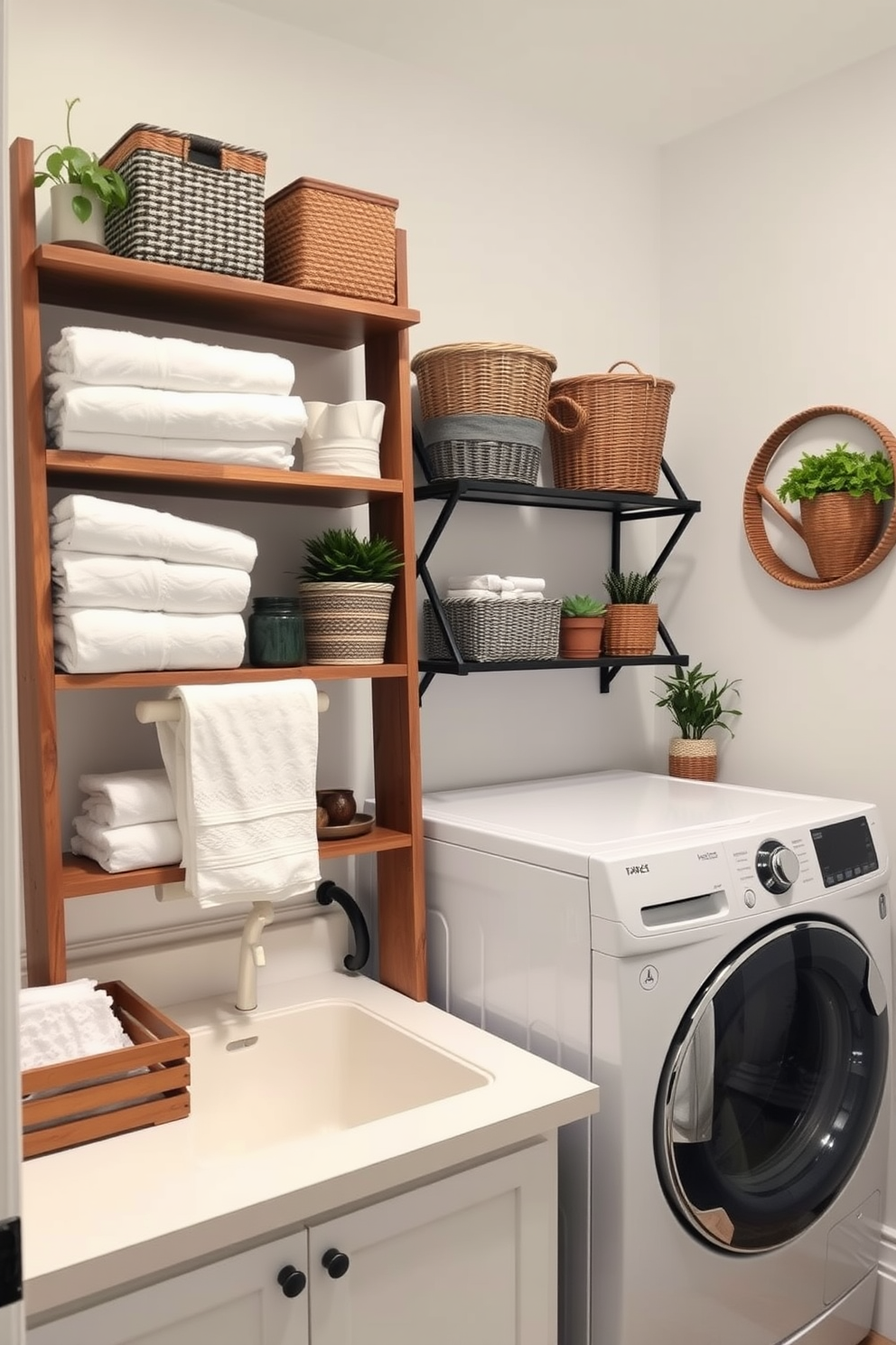 A functional laundry room featuring a stylish ladder shelf for decorative storage. The ladder shelf is adorned with neatly folded towels, decorative baskets, and potted plants, creating an inviting atmosphere. The top loading washer is positioned conveniently for easy access, complemented by a countertop for sorting and folding laundry. Soft lighting illuminates the space, enhancing the overall aesthetic and functionality.