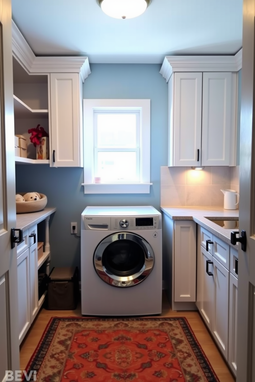 A bright and functional laundry room features a top loading washer nestled between two sleek cabinets for ample storage. To the side, a small pet station is integrated with a cozy bed and food bowls, creating a welcoming space for your furry friend. The walls are painted in a soft blue hue, complemented by white cabinetry and a durable countertop for folding clothes. A decorative rug adds warmth underfoot, while a window allows natural light to illuminate the area, enhancing the overall ambiance.