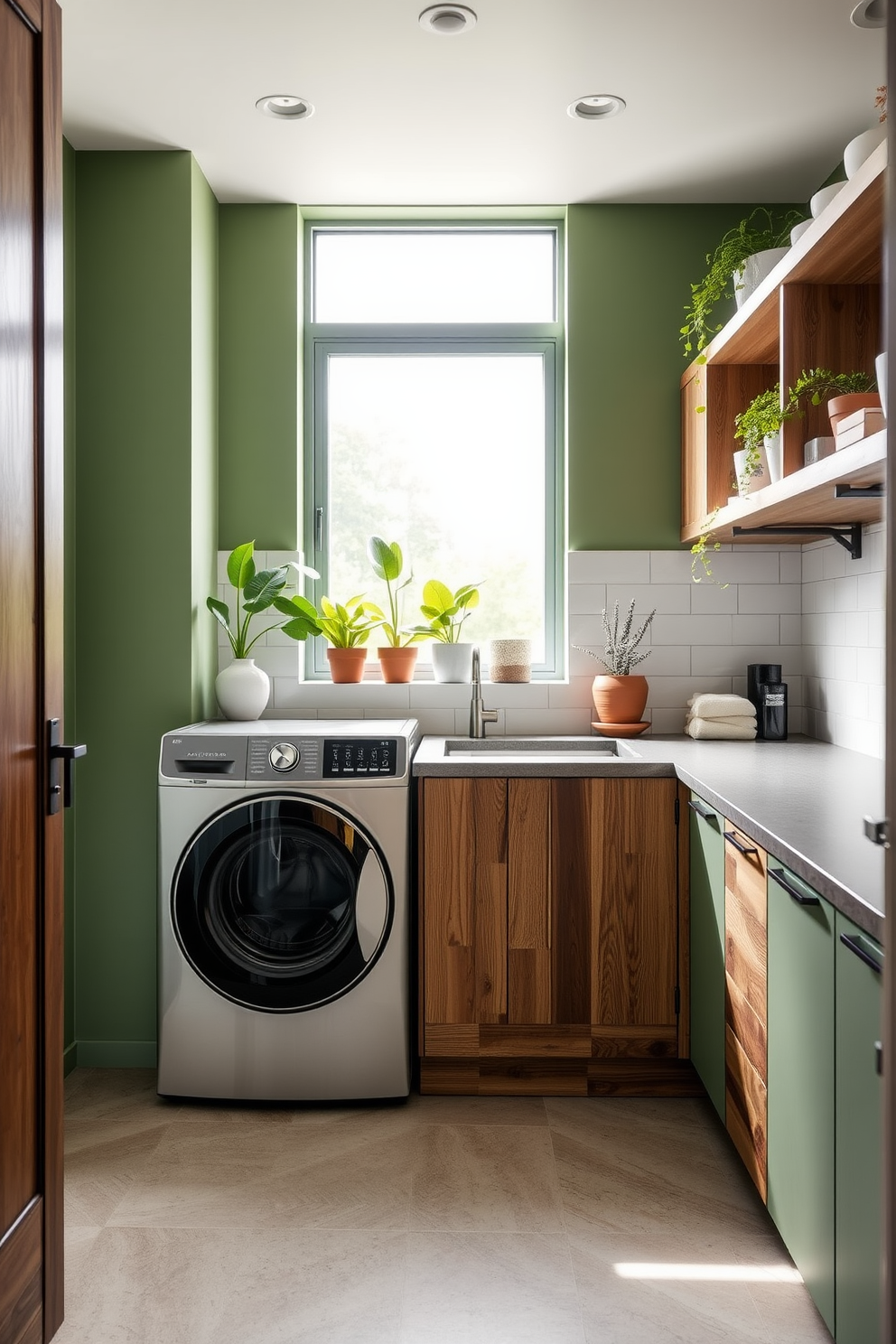 A modern laundry room that emphasizes sustainability features a top loading washer made from eco-friendly materials. The cabinetry is crafted from reclaimed wood, while the countertops are made of recycled composite materials. Natural light floods the space through a large window, illuminating the green and white color scheme. Potted plants adorn the windowsill, adding a touch of nature and freshness to the room.
