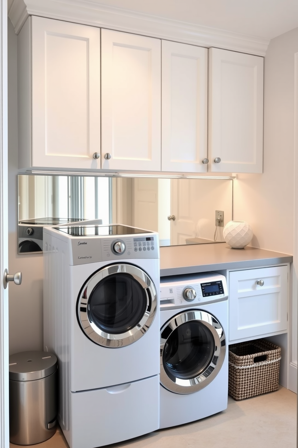 A stylish laundry room featuring a top loading washer positioned against a wall with a sleek mirrored backsplash that enhances light reflection. The space is complemented by white cabinetry and a countertop for folding clothes, with decorative baskets neatly arranged underneath for storage.