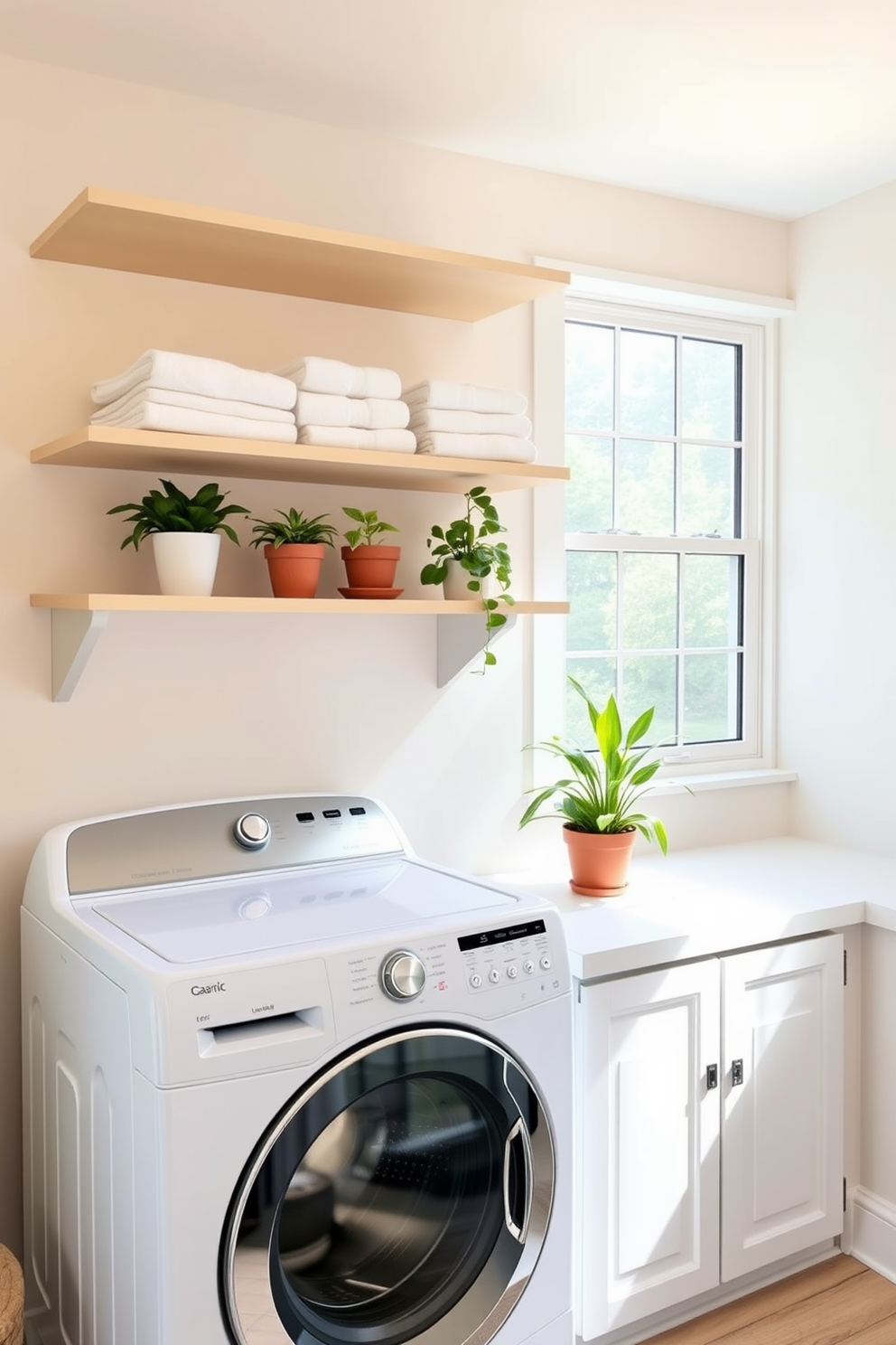 A bright and airy laundry room features a top loading washer with a sleek white finish. Above the washer, open shelving displays neatly folded towels and potted plants for a fresh feel. The walls are painted in a soft pastel color, creating a calming atmosphere. A large window allows natural light to flood the space, highlighting the greenery of the plants placed on the windowsill.
