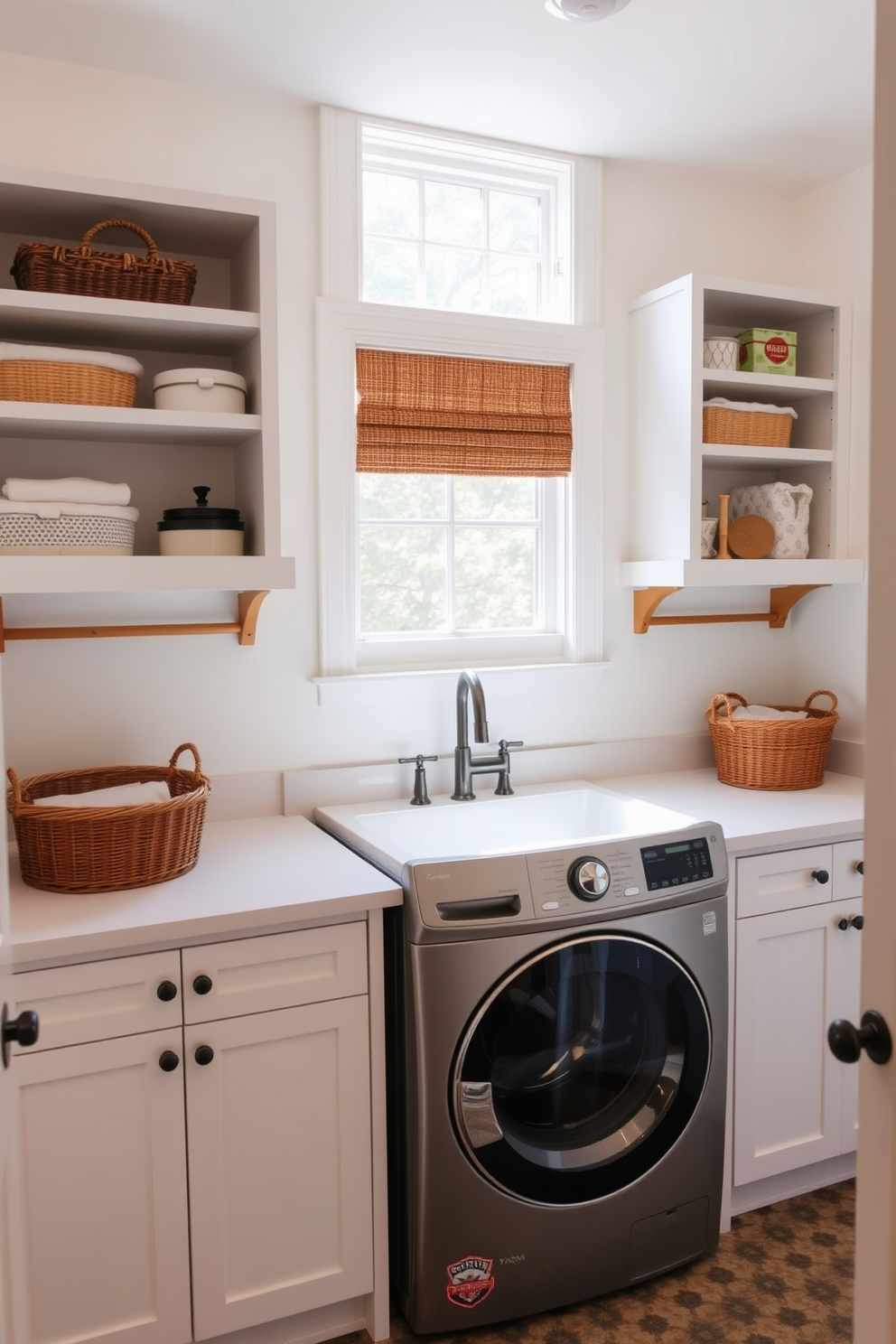A cozy laundry room featuring a farmhouse sink that adds rustic charm. The space is brightened by natural light streaming in through a window above the sink, surrounded by open shelving displaying neatly organized laundry essentials. Incorporate a top-loading washer with a sleek design, seamlessly integrated into the cabinetry. The walls are painted in a soft white, while the floor is adorned with a durable, patterned tile that complements the overall aesthetic.