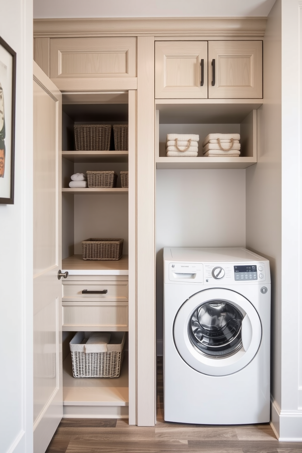 A functional laundry room featuring a top loading washer seamlessly integrated into a custom cabinetry setup. The space is enhanced by a pocket door that slides open to reveal a well-organized area with ample storage solutions.