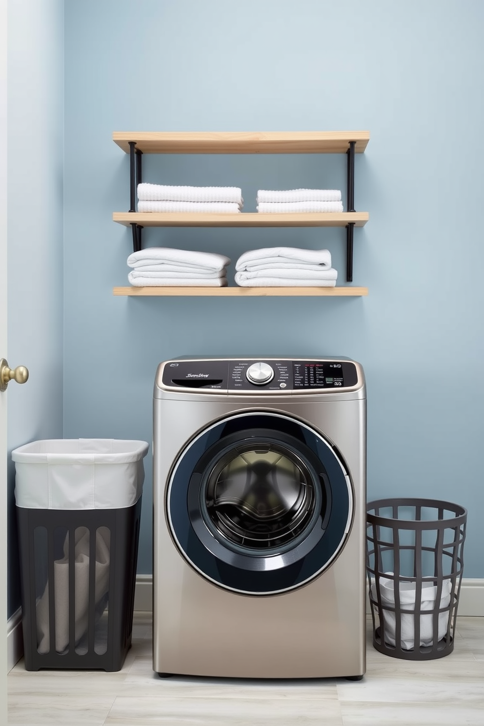 A modern laundry room featuring a top-loading washer with a sleek design. The space includes a stylish hamper for dirty clothes, positioned conveniently beside the washer. The walls are painted in a soft blue hue, creating a calming atmosphere. A wooden shelf above the washer holds neatly folded towels and laundry supplies.