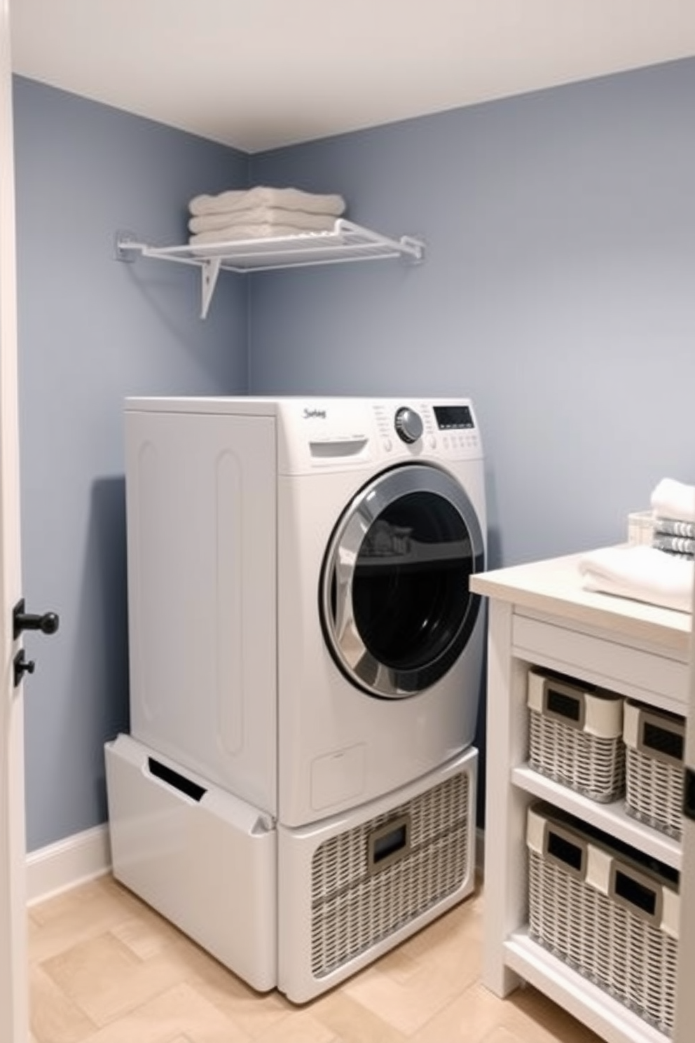 A modern laundry room with a top loading washer positioned against the wall. To the right of the washer, there is a spacious folding station with ample countertop space for sorting and folding clothes. The walls are painted in a soft blue hue, creating a calming atmosphere. Below the countertop, stylish storage baskets are neatly organized to keep laundry essentials accessible yet out of sight.