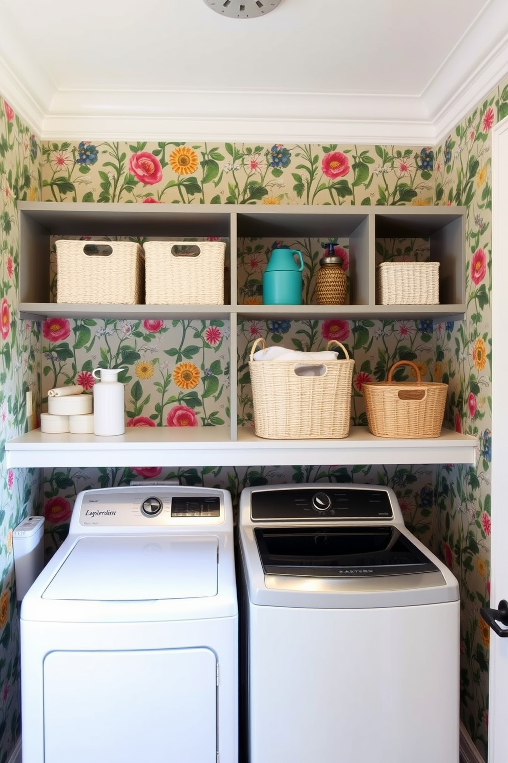 A vibrant laundry room featuring fun wallpaper that adds a splash of personality to the space. The room includes a top-loading washer, surrounded by open shelving for easy access to laundry supplies and decorative storage baskets.