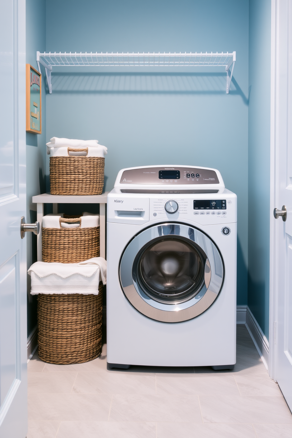 A modern laundry room featuring a top loading washer nestled between two decorative baskets for organization. The walls are painted in a soft blue hue, and the floor is adorned with light gray tiles for a clean and fresh look.