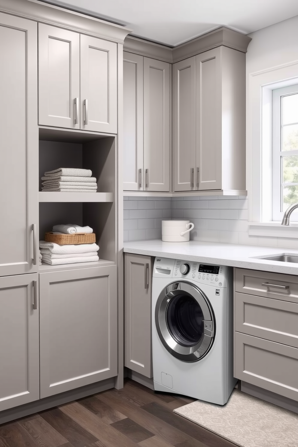 Choose stylish cabinetry for a polished look. Incorporate sleek lines and a neutral color palette to create a modern aesthetic. Design a laundry room that features a top loading washer seamlessly integrated into the cabinetry. Add functional elements like open shelving for easy access to laundry supplies and a countertop for folding clothes.