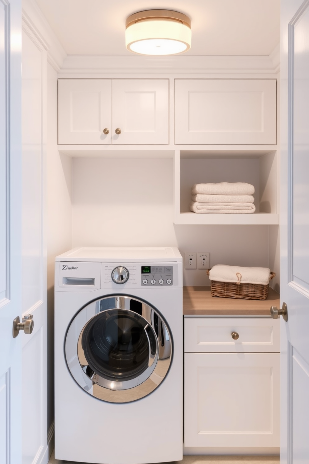 A chic laundry room features a top loading washer seamlessly integrated into a custom cabinetry setup. Above the washer, a stylish light fixture casts a warm glow, enhancing the modern aesthetic of the space. The cabinetry is finished in a soft white tone, providing a clean and fresh look. A folding countertop extends beside the washer, adorned with neatly stacked towels and a decorative basket for laundry essentials.