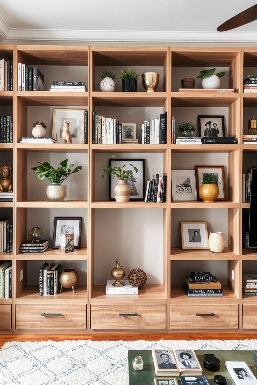 A stylish living room featuring open shelving that showcases an array of decorative items. The shelves are made of light wood and are neatly arranged with books, plants, and art pieces, creating a personalized touch to the space.