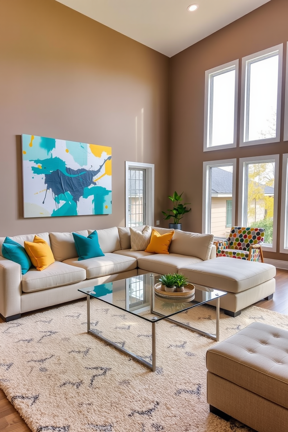 A spacious living room featuring a soft beige sectional sofa adorned with vibrant throw pillows in shades of teal and mustard. The walls are painted in a warm taupe, complemented by a large abstract artwork that incorporates splashes of color. A sleek glass coffee table sits atop a plush area rug with geometric patterns, adding texture to the space. Floor-to-ceiling windows allow natural light to flood in, highlighting a cozy reading nook with a colorful accent chair and a small bookshelf.