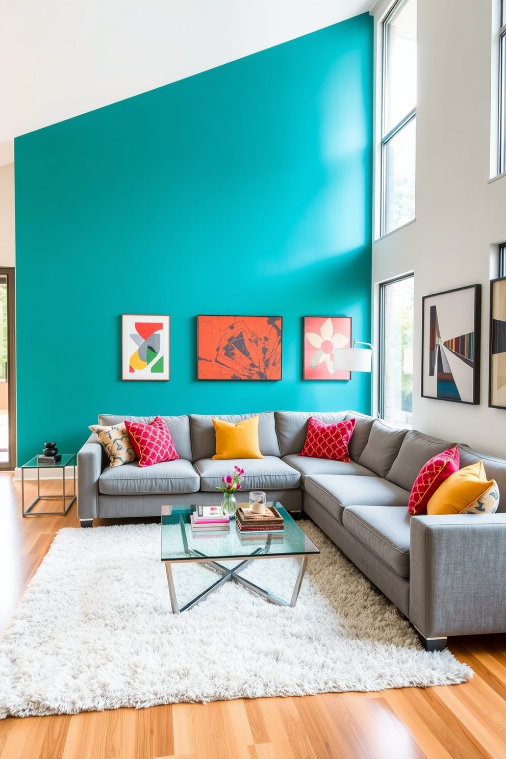 A bold accent wall painted in a vibrant teal color serves as the focal point of the living room. The space features a plush gray sectional sofa adorned with colorful throw pillows, creating an inviting atmosphere. A sleek glass coffee table sits atop a soft area rug that complements the bold wall. Large windows allow natural light to flood the room, highlighting the modern artwork displayed on the adjacent walls.