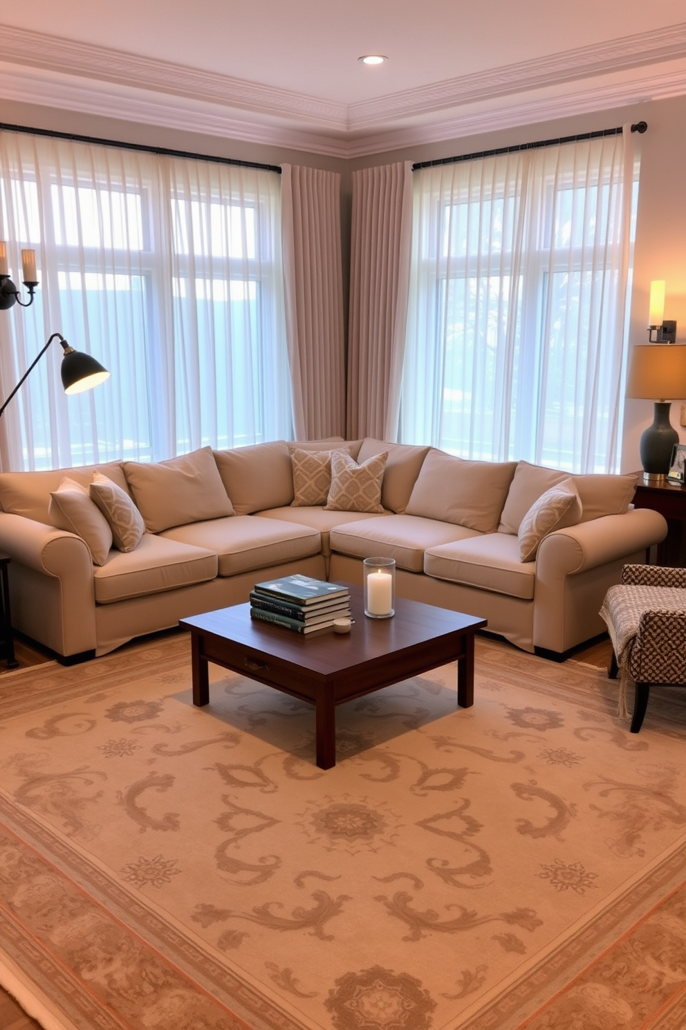 A cozy living room featuring a plush sectional sofa in soft beige fabric. A large area rug with intricate patterns anchors the space, while a wooden coffee table sits at the center, adorned with a stack of stylish books and a decorative candle. Warm lighting from a combination of floor lamps and wall sconces creates an inviting atmosphere. Large windows draped with sheer curtains allow natural light to filter in, enhancing the room's warmth and comfort.