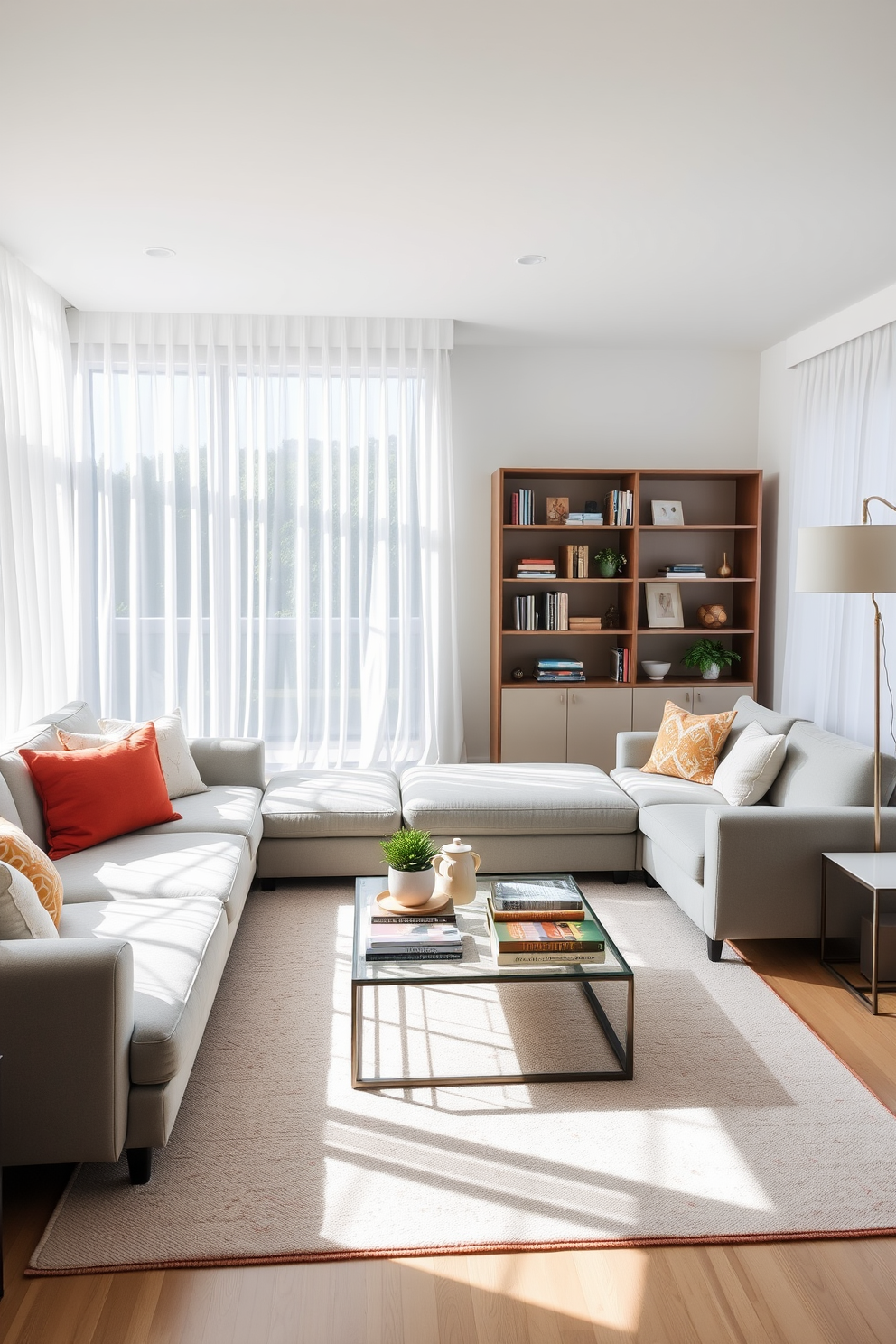 A bright and airy living room filled with natural light streaming through sheer white curtains. The space features a plush sectional sofa in soft gray, accented by colorful throw pillows and a large area rug with a subtle pattern. A stylish coffee table sits in the center, adorned with decorative books and a small potted plant. On one side, a modern bookshelf showcases curated decor items, while a statement floor lamp adds warmth to the ambiance.