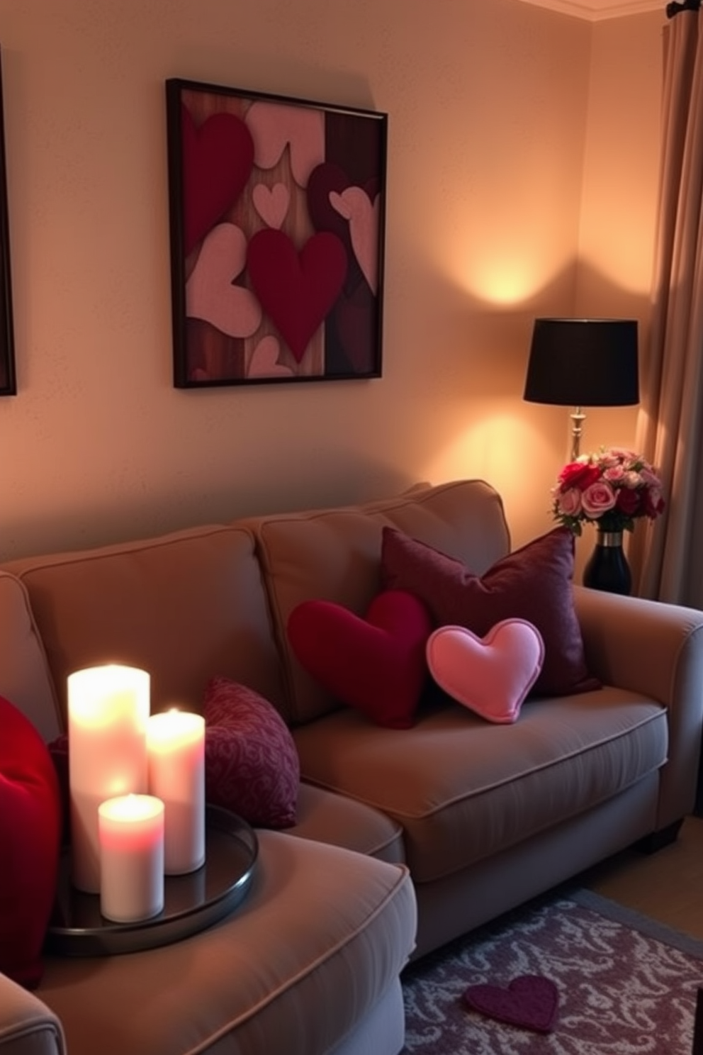 A cozy living room adorned for Valentine's Day features a plush sofa adorned with heart-shaped throw pillows in various shades of red and pink. Soft ambient lighting creates a warm atmosphere, while a tasteful arrangement of candles and floral centerpieces adds a romantic touch.