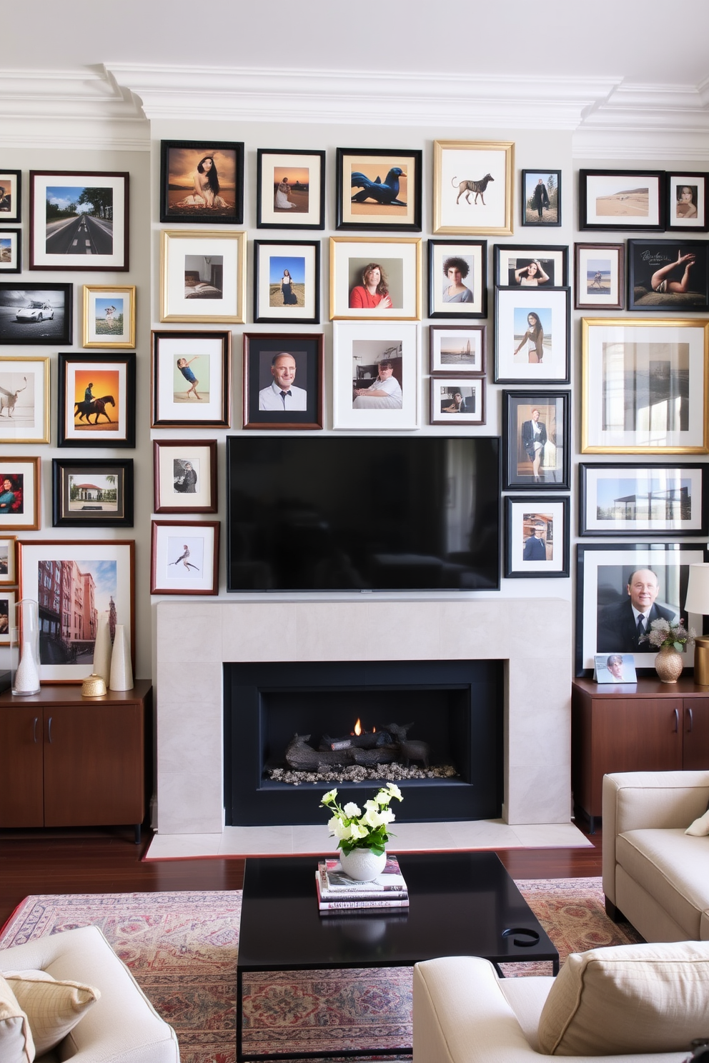 A stunning gallery wall above the fireplace showcases an eclectic mix of framed artwork and photographs in various sizes and styles. The fireplace itself is elegantly designed with a sleek mantel that complements the overall aesthetic of the living room. The living room features a cozy seating arrangement with a plush sectional sofa and a stylish coffee table. A large flat-screen TV is mounted above the fireplace, creating a perfect focal point for both relaxation and entertainment.