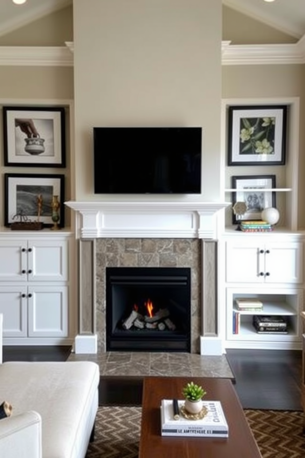 A cozy living room featuring a stunning fireplace as the focal point. The walls are adorned with framed artwork that enhances the overall decor, creating a harmonious blend of colors and textures. The fireplace is surrounded by elegant built-in shelves showcasing decorative items and books. A sleek television is mounted above the mantel, seamlessly integrating modern technology with the warm ambiance of the room.