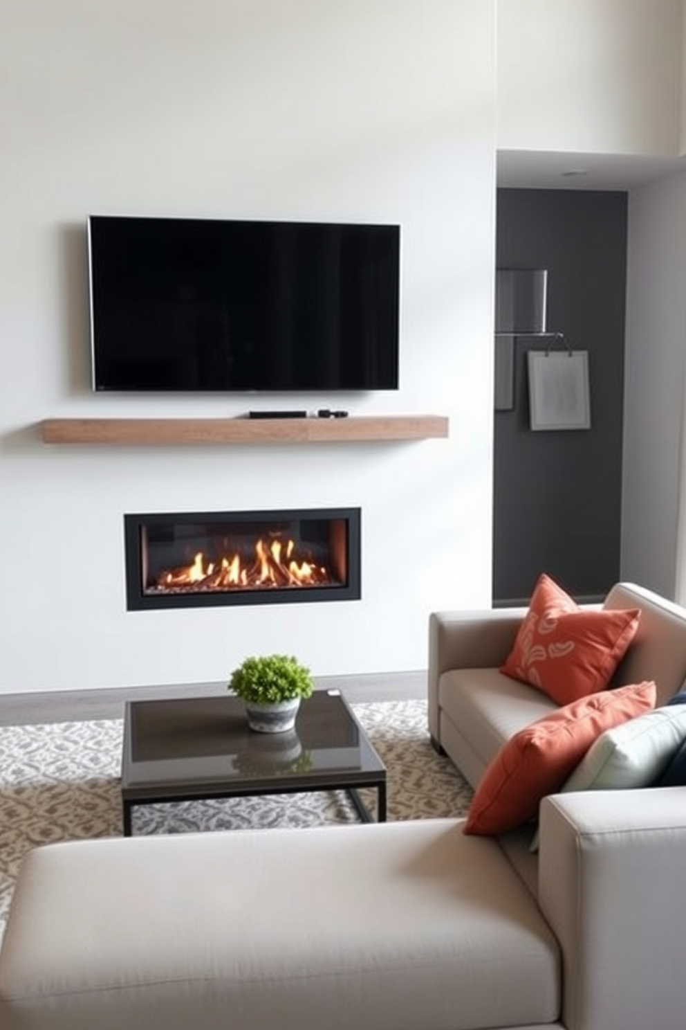 A modern living room featuring a sleek fireplace integrated into a stylish mantel that seamlessly incorporates a smart TV above it. The space is adorned with a plush sectional sofa in neutral tones, accented by colorful throw pillows, and a chic coffee table sits in front of the seating area.