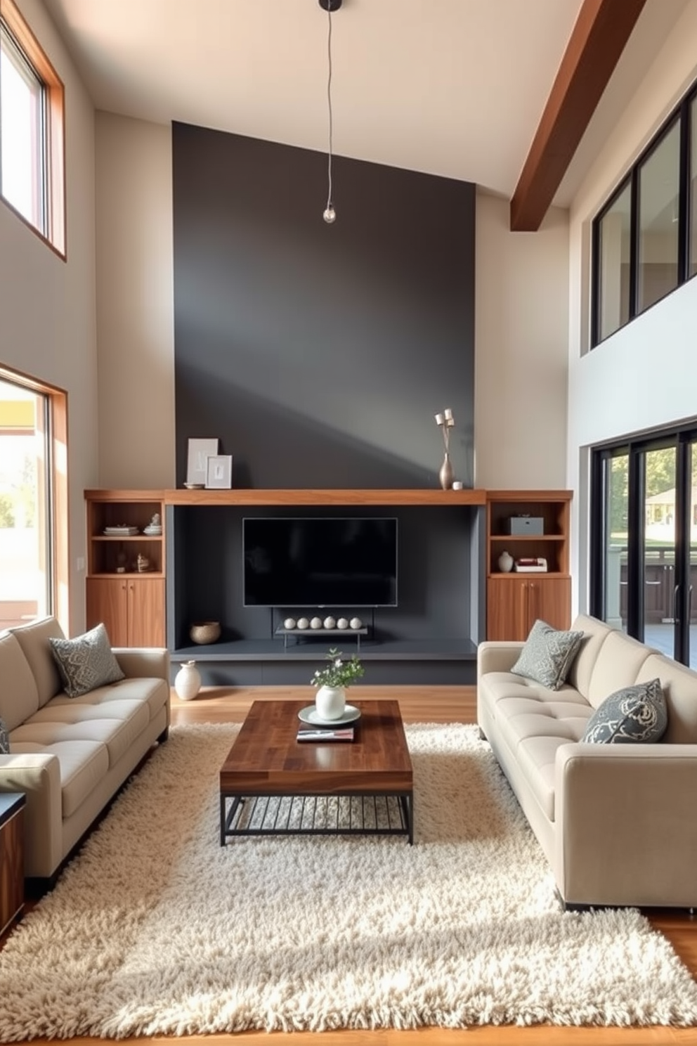 Open concept living space with a cozy fireplace. The room features a large sectional sofa in a neutral tone, complemented by a wooden coffee table and plush area rug. On the wall opposite the fireplace, a sleek flat-screen TV is mounted, surrounded by built-in shelves displaying decorative items. Large windows allow natural light to flood the space, enhancing the warm, inviting atmosphere.