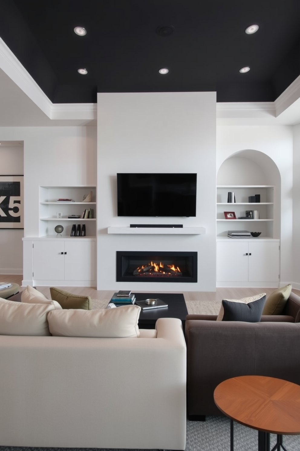 A chic living room featuring a modern fireplace with a sleek glass front. The space is designed to balance comfort and style, with a large sectional sofa facing the fireplace and a flat-screen TV mounted on the wall opposite.