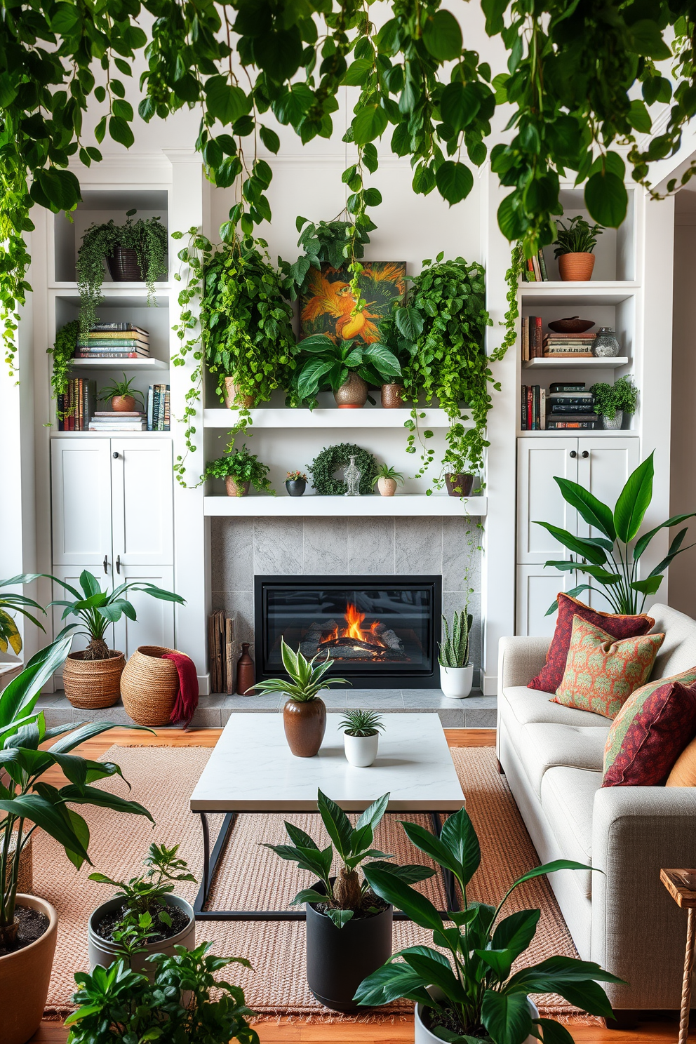 A cozy living room filled with lush greenery creates a fresh and inviting atmosphere. A modern fireplace serves as the focal point, flanked by built-in shelves that display books and decorative items. The room features a comfortable sectional sofa adorned with vibrant throw pillows. A sleek coffee table sits in the center, surrounded by potted plants that enhance the natural feel of the space.
