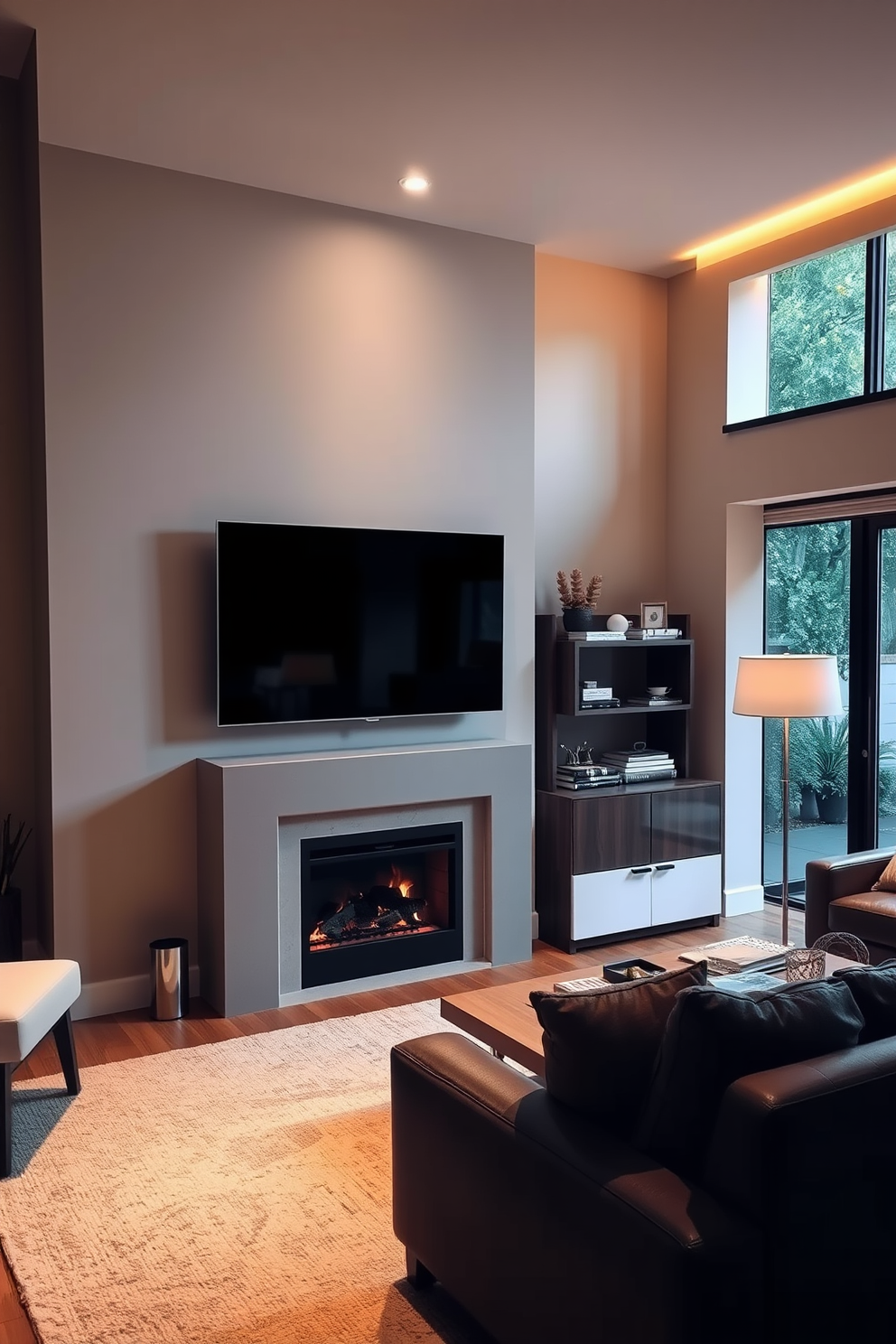 A cozy living room features layered lighting that creates a warm ambiance. The space includes a stylish fireplace as the focal point, complemented by a sleek flat-screen TV mounted above a modern media console.