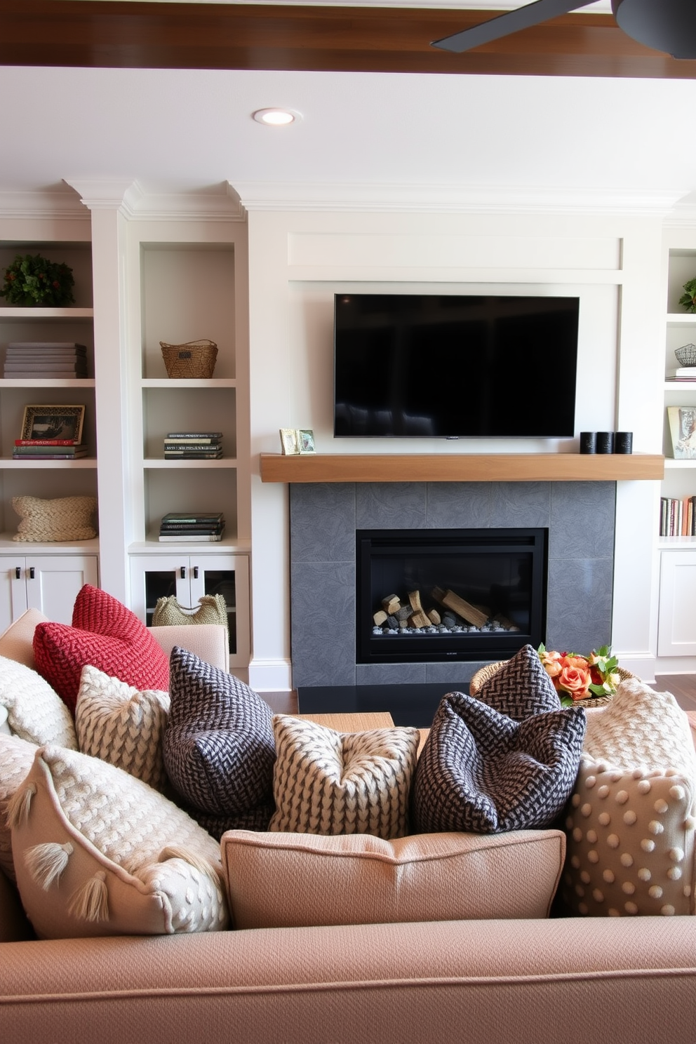 A cozy living room featuring a plush sofa adorned with an assortment of textured throw pillows in various colors and patterns. The focal point of the room is a modern fireplace surrounded by built-in shelving, while a sleek TV is mounted above the mantel, enhancing the entertainment experience.