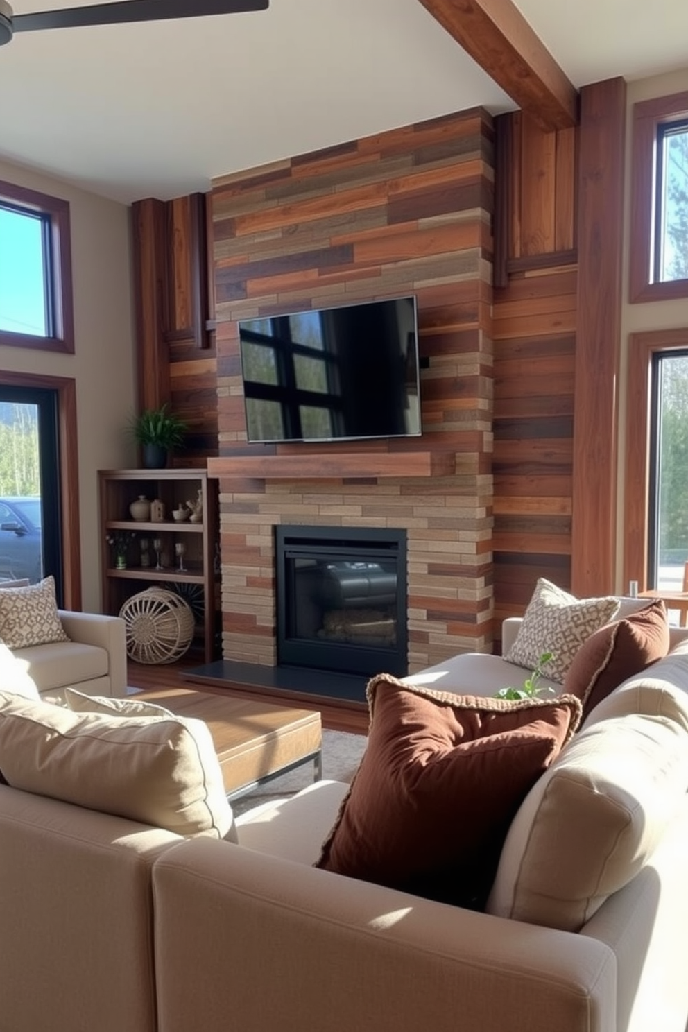 A cozy living room featuring reclaimed wood accents that add warmth and character to the space. The centerpiece is a stylish fireplace with a modern design, complemented by a sleek TV mounted above it. Plush seating arrangements invite relaxation, with a large sectional sofa adorned with textured cushions. Natural light floods the room through large windows, enhancing the inviting atmosphere.