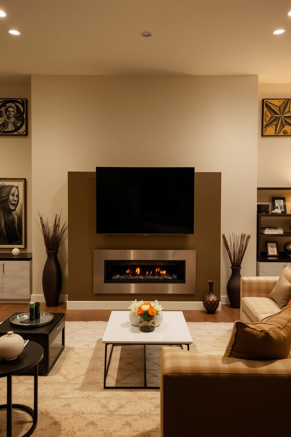 A stylish living room features a wall-mounted TV positioned above a sleek modern fireplace. The space is adorned with comfortable seating, warm lighting, and decorative accents that create a cozy yet sophisticated atmosphere.