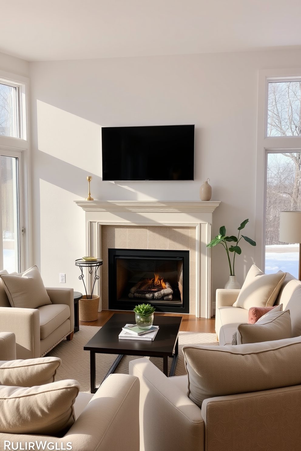 A serene living room setting featuring a neutral color palette that promotes relaxation. The space includes a cozy fireplace adorned with a minimalist mantel and a flat-screen TV mounted above it. Soft beige and warm gray tones dominate the furnishings, complemented by plush seating arrangements. Large windows allow natural light to flood the room, enhancing the tranquil atmosphere.