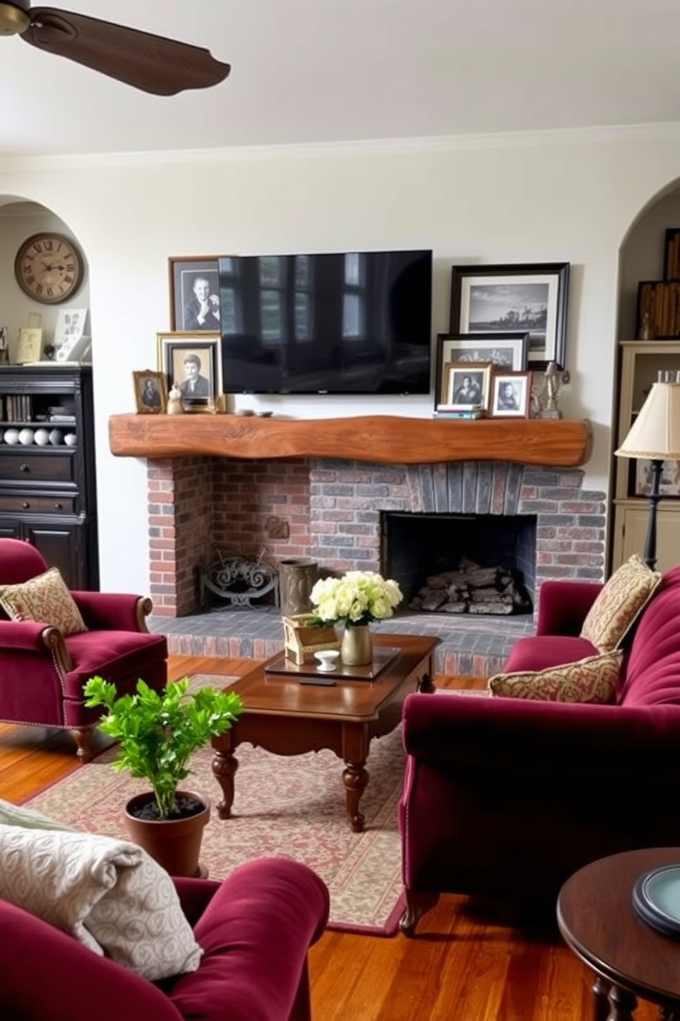 A cozy living room featuring vintage furniture pieces that add character and charm. A plush velvet sofa in deep burgundy is paired with an antique wooden coffee table, while a classic armchair sits in the corner. The room is anchored by a beautiful fireplace with a rustic mantel, adorned with framed family photos and decorative accents. A wall-mounted flat-screen TV is positioned above the mantel, seamlessly blending modern technology with the vintage aesthetic.