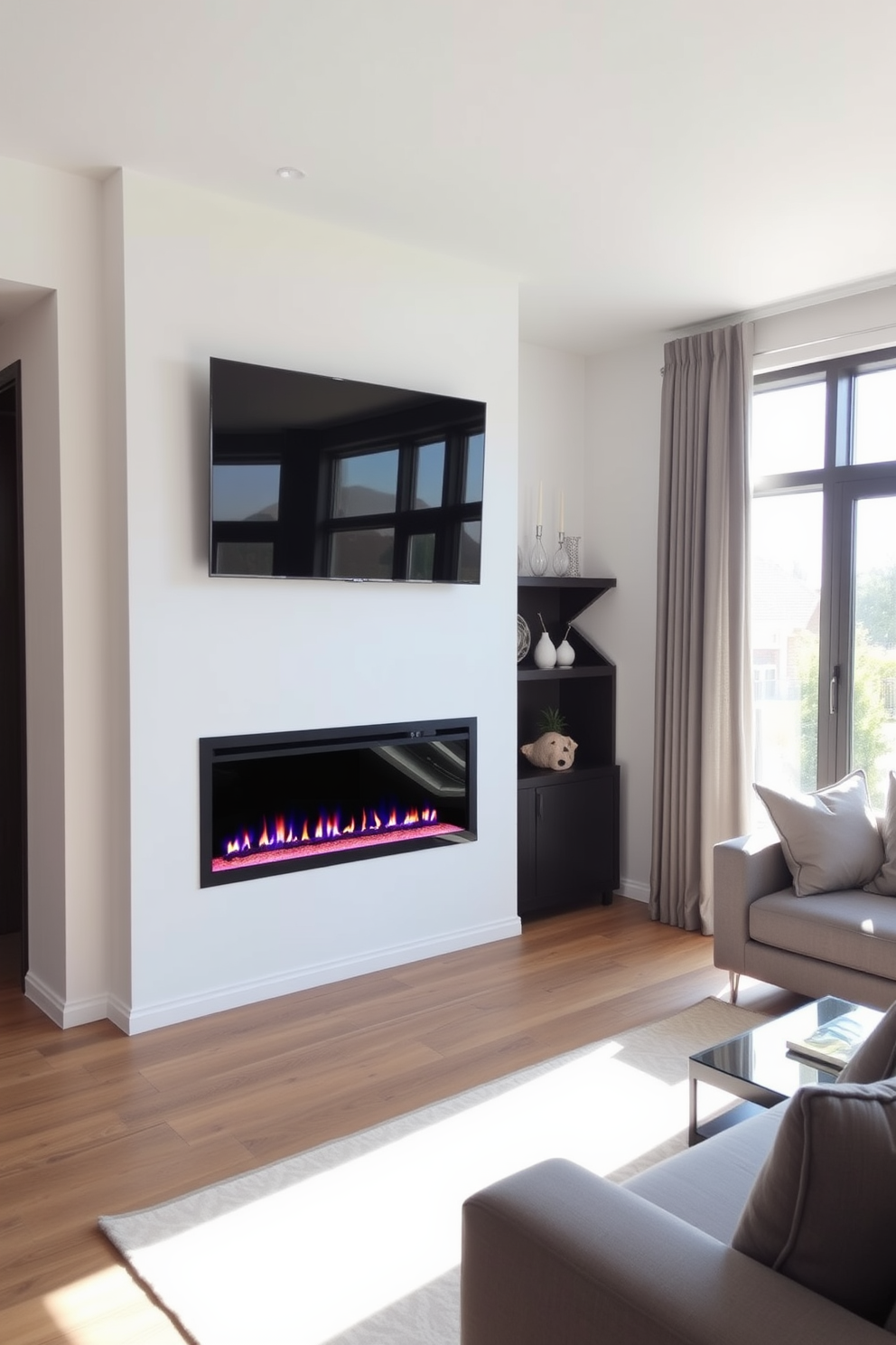 A modern living room features an electric fireplace with sleek lines and a minimalist design. Above the fireplace, a flat-screen TV is mounted, creating a cohesive entertainment space. The room is adorned with contemporary furniture, including a plush sectional sofa and a stylish coffee table. Large windows allow natural light to flood in, enhancing the inviting atmosphere.