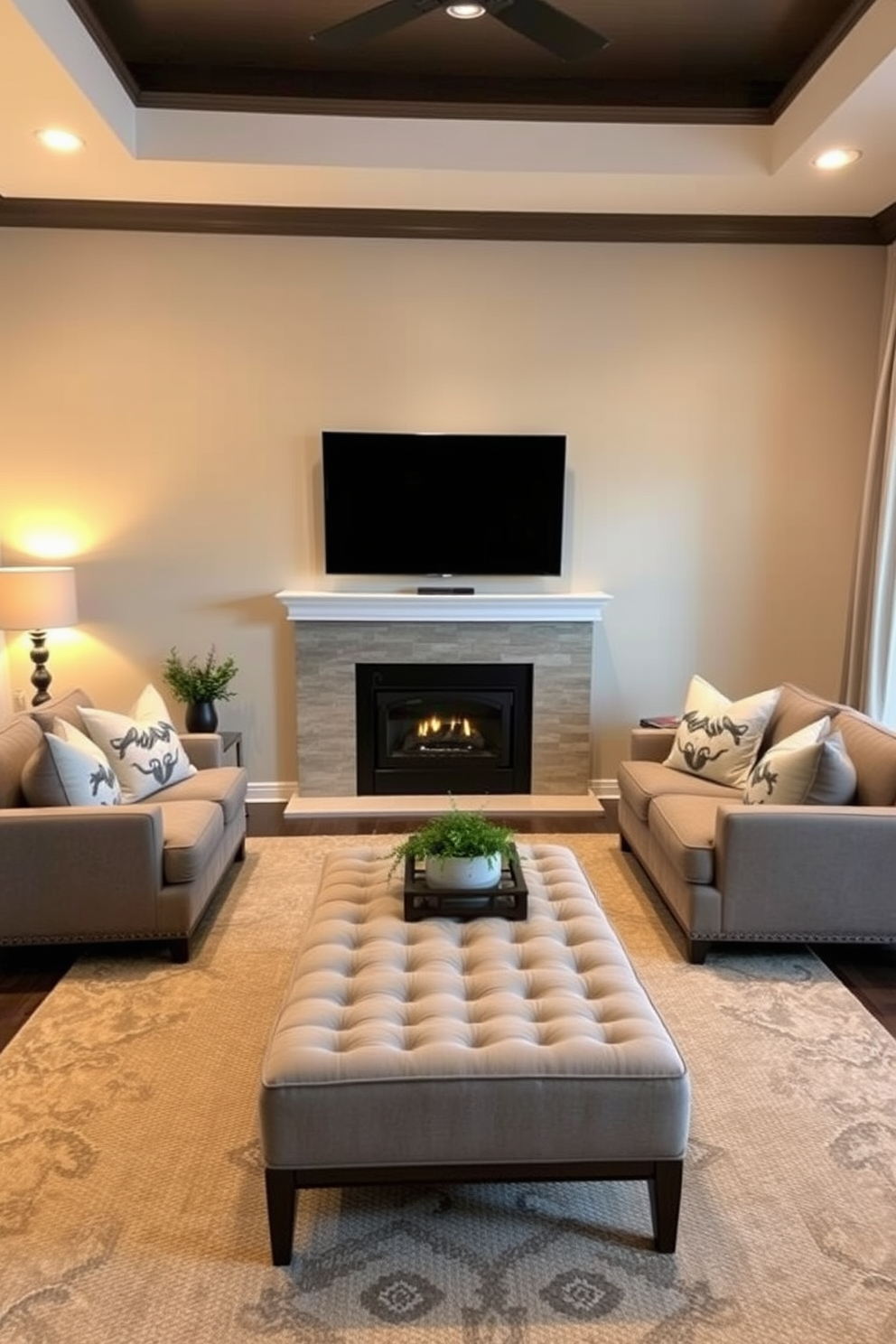 A cozy living room featuring an ottoman as a coffee table alternative. The space includes a plush sectional sofa in neutral tones, a sleek fireplace with a modern mantel, and a large flat-screen TV mounted above it. Warm ambient lighting casts a soft glow throughout the room, enhancing the inviting atmosphere. Decorative throw pillows and a textured area rug add layers of comfort and style to the design.
