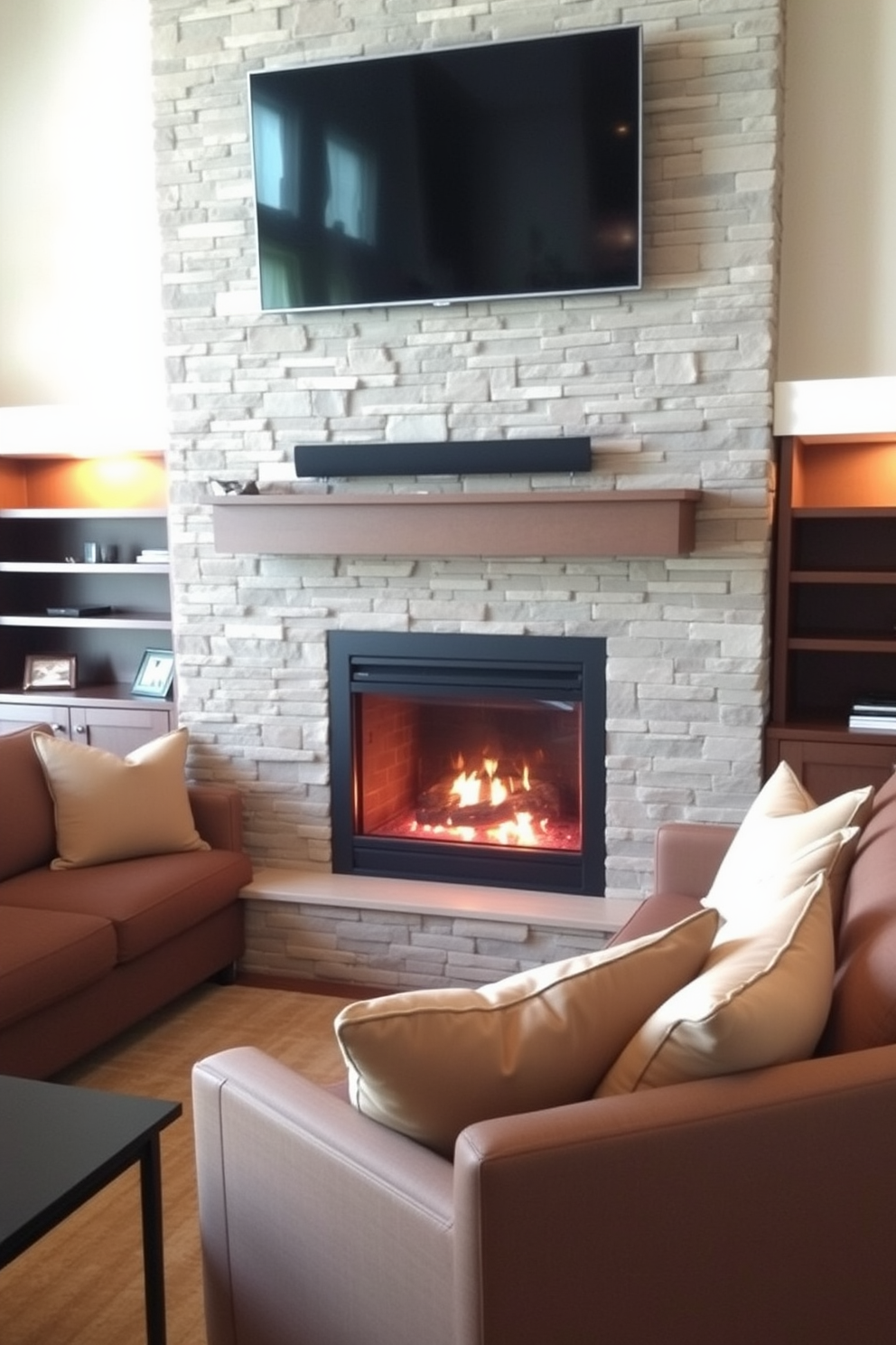 A cozy living room featuring a modern fireplace set into a stone wall. Surrounding the fireplace is a built-in seating area with plush cushions in neutral tones, creating an inviting space for relaxation. The room includes a large flat-screen TV mounted above the fireplace, framed by stylish shelving on either side. Soft ambient lighting highlights the seating area, enhancing the warm atmosphere of the space.