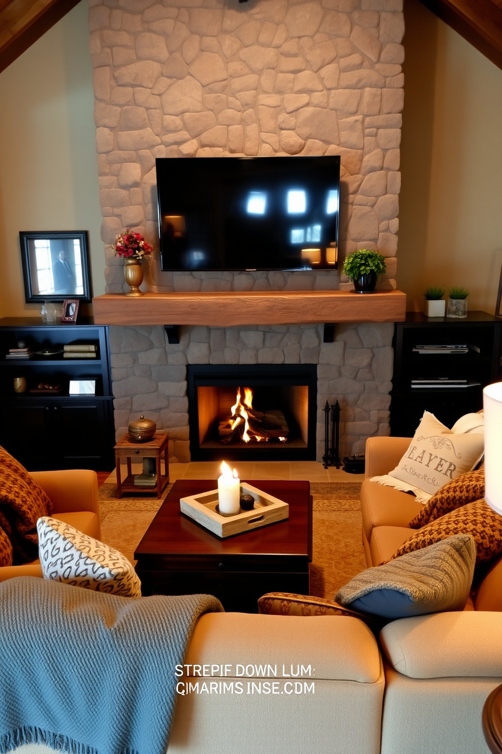 A cozy living room setting designed for warmth and comfort. The focal point is a large stone fireplace surrounded by a rustic mantel, with a flat-screen TV mounted above it. Plush seating arrangements include a sectional sofa adorned with warm throw blankets in various textures and colors. Soft ambient lighting from stylish lamps creates an inviting atmosphere for cozy evenings.