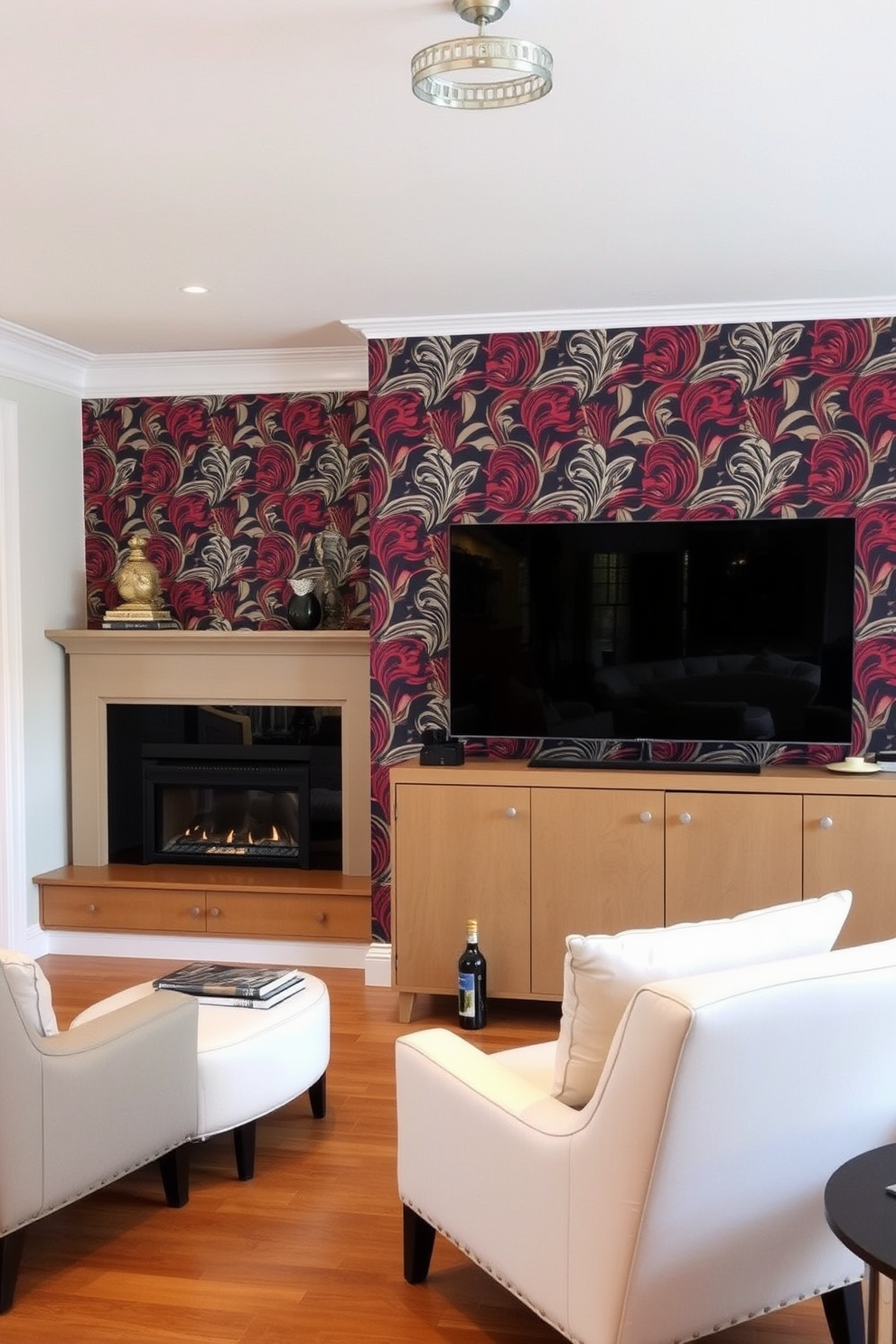 A stylish living room featuring bold wallpaper behind a modern flat-screen TV. The space is anchored by a cozy fireplace, creating a warm and inviting atmosphere for relaxation and entertainment.