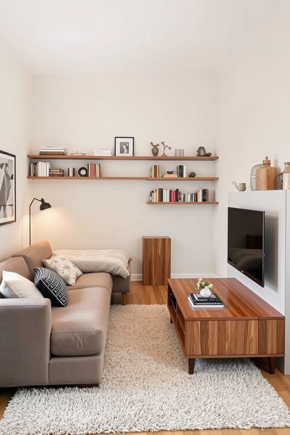 A cozy living room featuring multifunctional furniture designed for small spaces. The room includes a sleek sofa that converts into a bed, a coffee table with built-in storage, and a wall-mounted TV above a modern fireplace. The color palette consists of soft neutrals and warm tones, creating an inviting atmosphere. Accent pillows and a plush rug add comfort, while strategically placed shelves maximize vertical space for books and decor.
