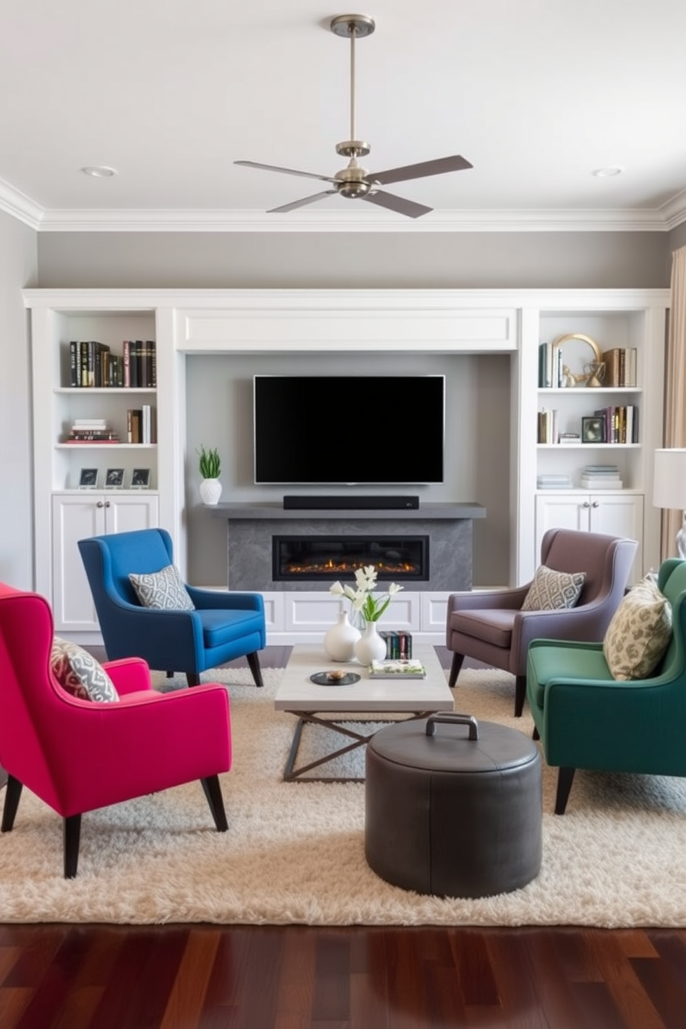 Bright airy space with a modern fireplace as the focal point. The room features large windows that allow natural light to flood in, creating an inviting atmosphere. A comfortable sectional sofa is arranged around a sleek coffee table, perfect for gatherings. A mounted flat-screen TV is positioned above the fireplace, harmonizing the entertainment and relaxation areas.
