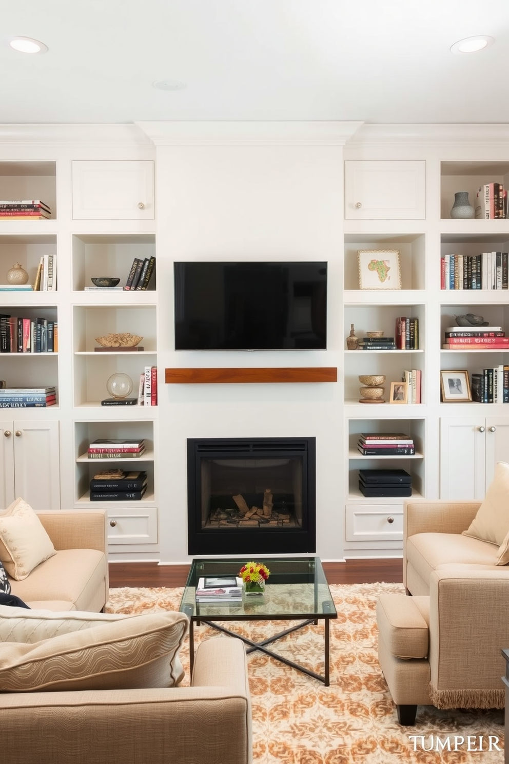 A modern living room featuring built-in shelves flanking a sleek fireplace. Above the fireplace, a flat-screen TV is mounted, creating a cozy focal point for the space. The shelves are filled with an assortment of books and decorative items, adding personality to the room. Soft, neutral-colored furniture is arranged to encourage conversation and relaxation, with a plush area rug anchoring the seating area.