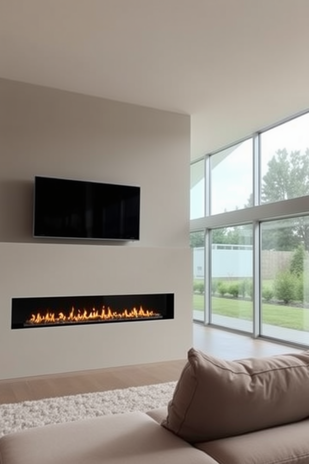 A contemporary fireplace with a sleek linear design is the focal point of the living room. The fireplace is framed by minimalistic cabinetry, with a mounted flat-screen TV above it, creating a seamless and modern aesthetic. The living room features a cozy seating arrangement with a plush sectional sofa in neutral tones. Large windows allow natural light to flood the space, enhancing the warm ambiance created by the fireplace.