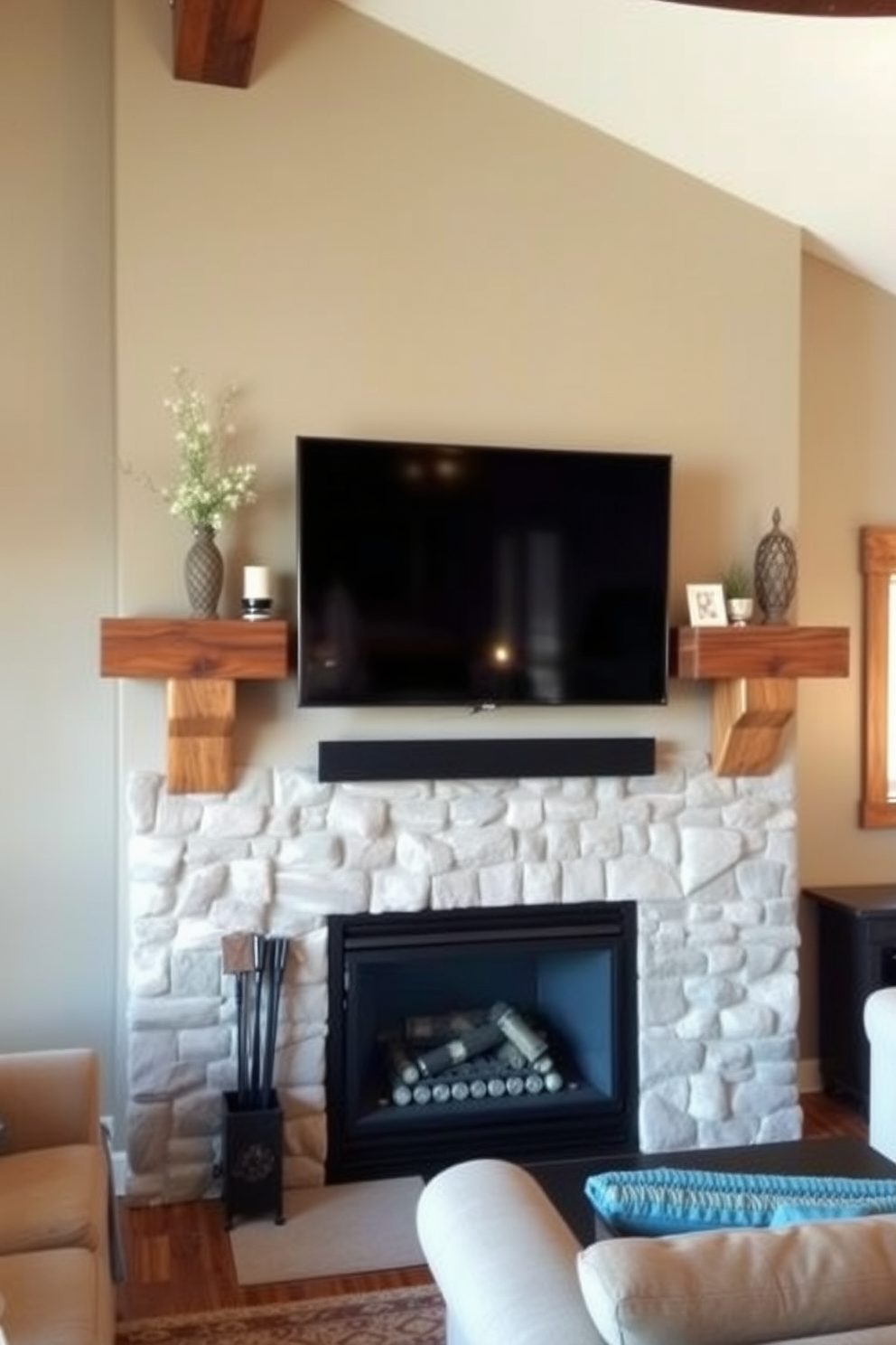 A rustic wooden mantel is the focal point of the living room, adorned with carefully selected decor accents that enhance its charm. The warm tones of the wood contrast beautifully with the soft, neutral colors of the surrounding walls and furniture. A cozy fireplace sits below the mantel, providing a welcoming ambiance, while a sleek TV is mounted above, seamlessly integrating modern technology into the rustic aesthetic. Comfortable seating arrangements invite relaxation, creating an inviting space for gatherings and leisure.