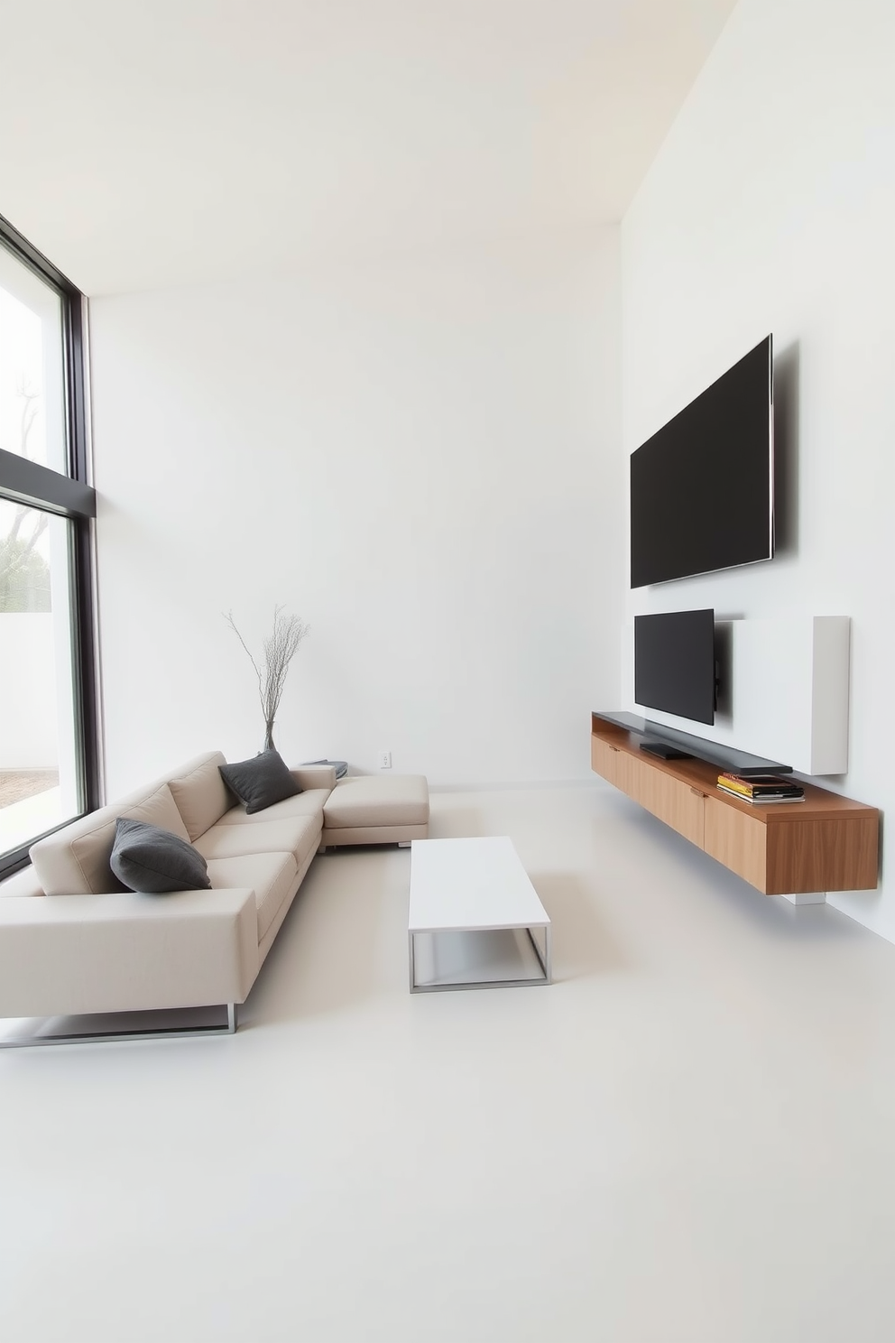 A minimalist living room featuring sleek lines and a modern aesthetic. The space includes a low-profile sofa in a neutral color, a minimalist coffee table, and a sleek fireplace integrated into the wall. On the opposite wall, a flat-screen TV is mounted above a simple console table that provides storage without clutter. Large windows allow natural light to flood the room, highlighting the clean lines and open feel of the design.