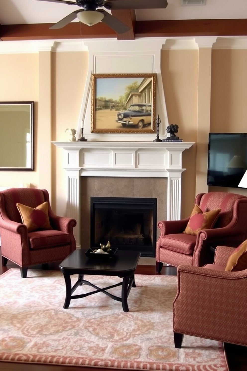 A traditional living room setting features a classic fireplace with a mantel adorned with decorative items. On either side of the fireplace, there are elegant armchairs upholstered in rich fabrics, providing a cozy and inviting atmosphere. The room is designed with warm, neutral tones, complemented by a soft area rug that anchors the seating area. A stylish coffee table sits in front of the armchairs, and a flat-screen TV is mounted on the wall opposite the fireplace, creating a perfect balance of comfort and entertainment.