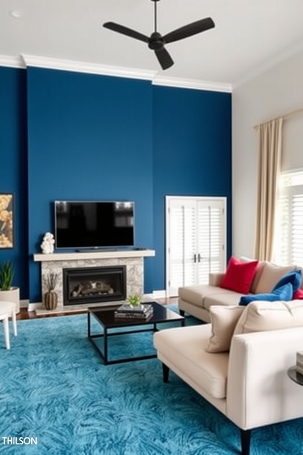 Create a living room that features an accent wall painted in a bold deep blue color. The room includes a cozy fireplace surrounded by a modern mantel and a large flat-screen TV mounted above it. Incorporate a plush sectional sofa in neutral tones facing the fireplace. Add a stylish coffee table in front of the sofa and vibrant throw pillows that complement the accent wall.