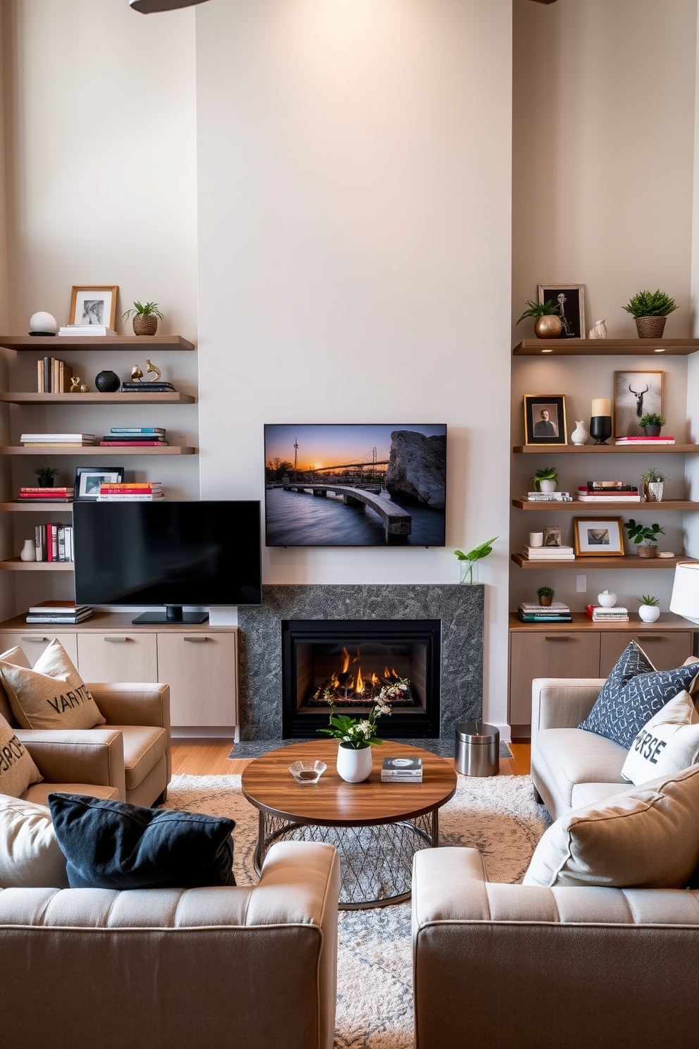 A cozy living room features floating shelves elegantly arranged on the walls, showcasing an array of decorative items such as books, plants, and art pieces. The space is anchored by a stylish fireplace, which is flanked by a modern TV mounted above a sleek console table. The color palette includes warm neutrals with pops of color from the decor on the shelves. Plush seating surrounds a central coffee table, inviting relaxation and conversation in this inviting atmosphere.