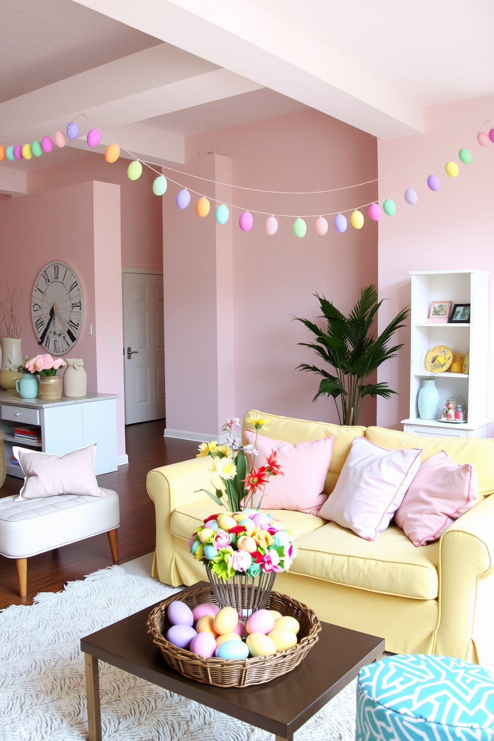 A bright and airy loft space decorated for Easter features soft pastel colors that create a cheerful atmosphere. The walls are painted in a light blush pink, and colorful garlands of paper eggs hang across the room. A cozy seating area includes a light yellow sofa adorned with pastel throw pillows. A decorative coffee table is topped with a vibrant floral arrangement and pastel-colored Easter eggs in a decorative bowl.