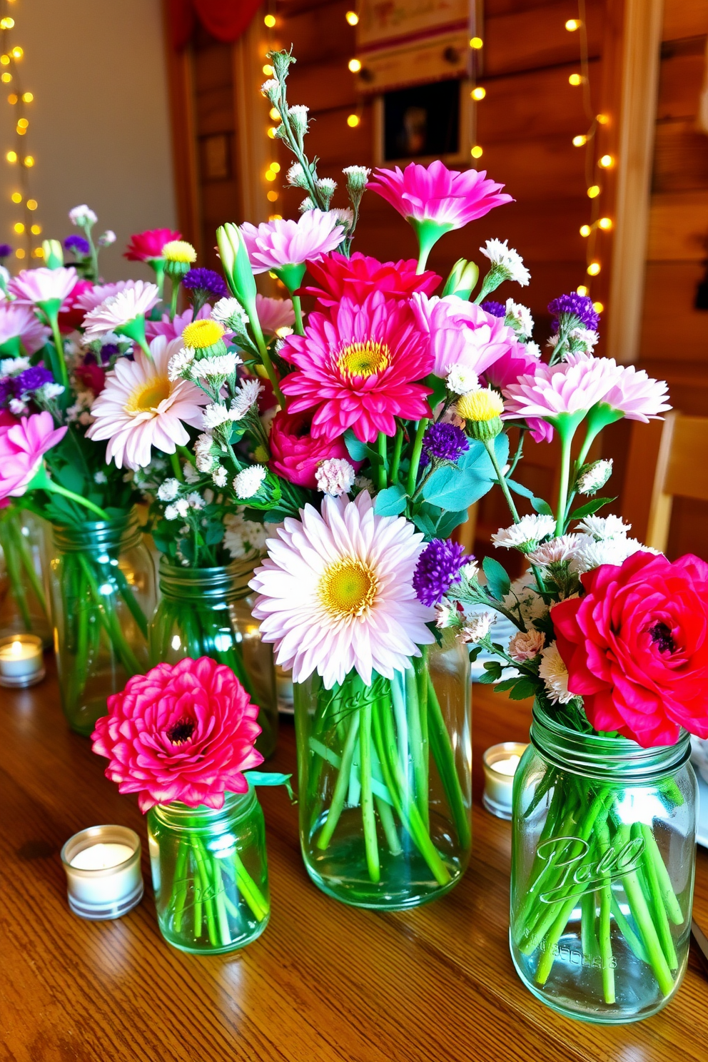 Floral arrangements in mason jars create a charming and rustic atmosphere. The vibrant colors of the flowers contrast beautifully with the clear glass, adding a touch of warmth and cheer. For Valentine's Day, consider using soft pinks and reds to evoke romance. Arrange the mason jars on a wooden table, surrounded by candles and fairy lights for a cozy and inviting setting.