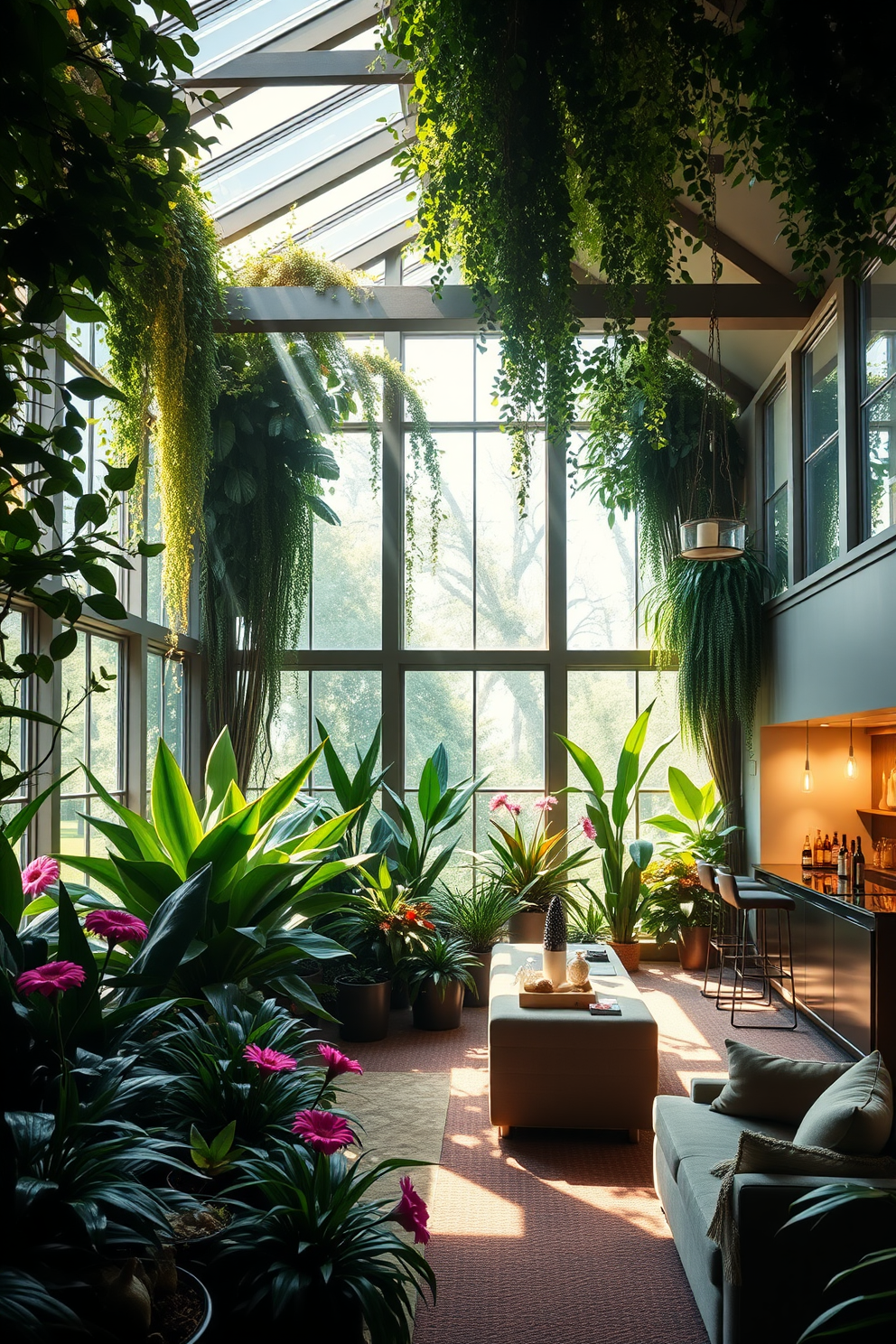 An indoor garden filled with lush greenery and vibrant flowers. Sunlight streams through large windows, creating a serene oasis within the home. A luxury basement designed for relaxation and entertainment. The space features plush seating, a wet bar, and ambient lighting to create a cozy atmosphere.