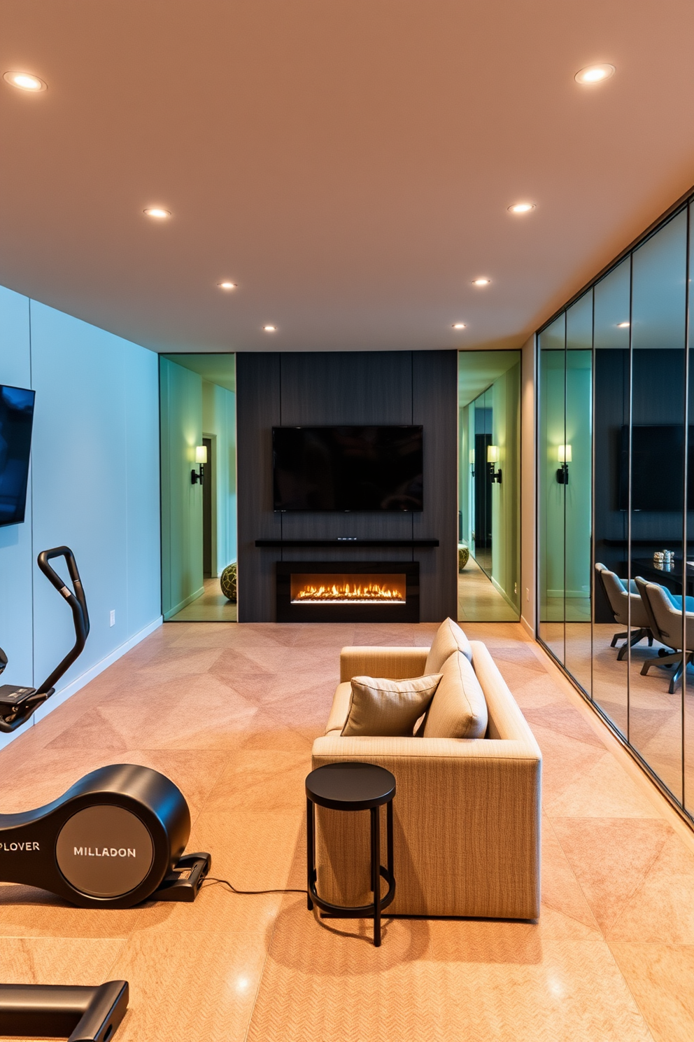 A modern home gym featuring state-of-the-art fitness equipment. The space includes a large flat-screen TV mounted on the wall and floor-to-ceiling mirrors reflecting the vibrant colors of the room. An elegant basement designed for leisure and entertainment. It incorporates a plush seating area with a stylish bar, ambient lighting, and a cozy fireplace that invites relaxation.